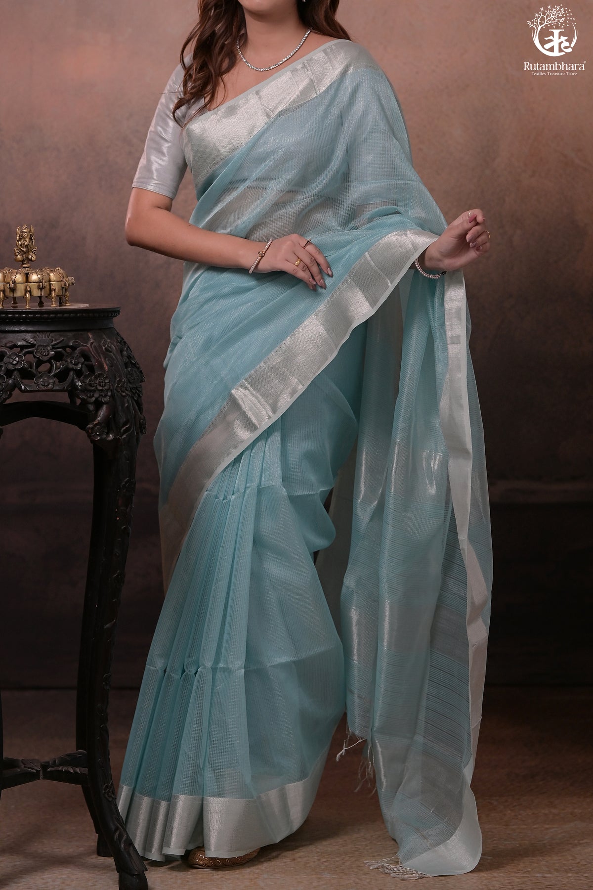 Narmaa - Silver Tissue Checks Pastel Blue With Silver Lehar Border Saree