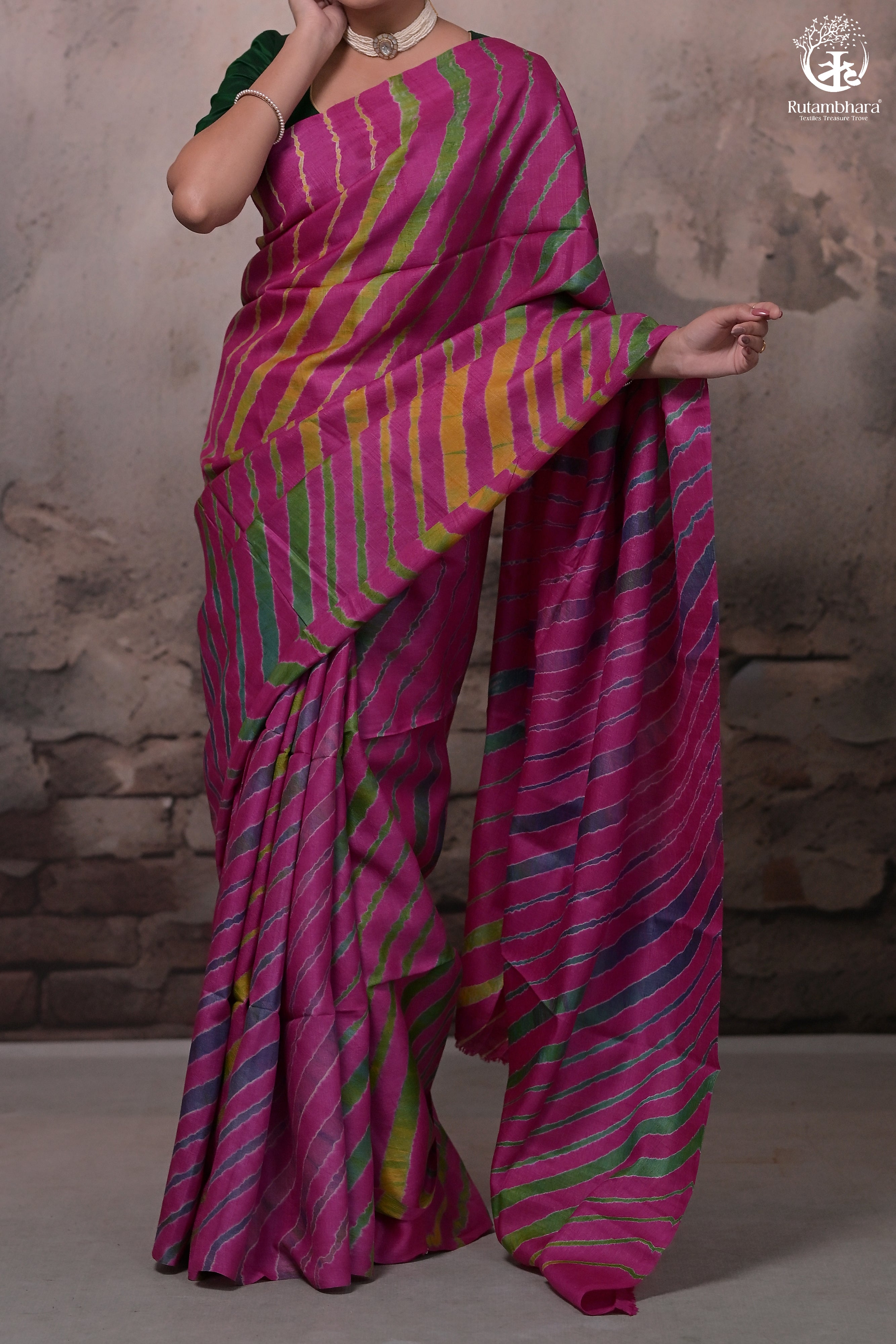 Dhanak - Magenta Pink Leheriya Saree In Tussar Silk