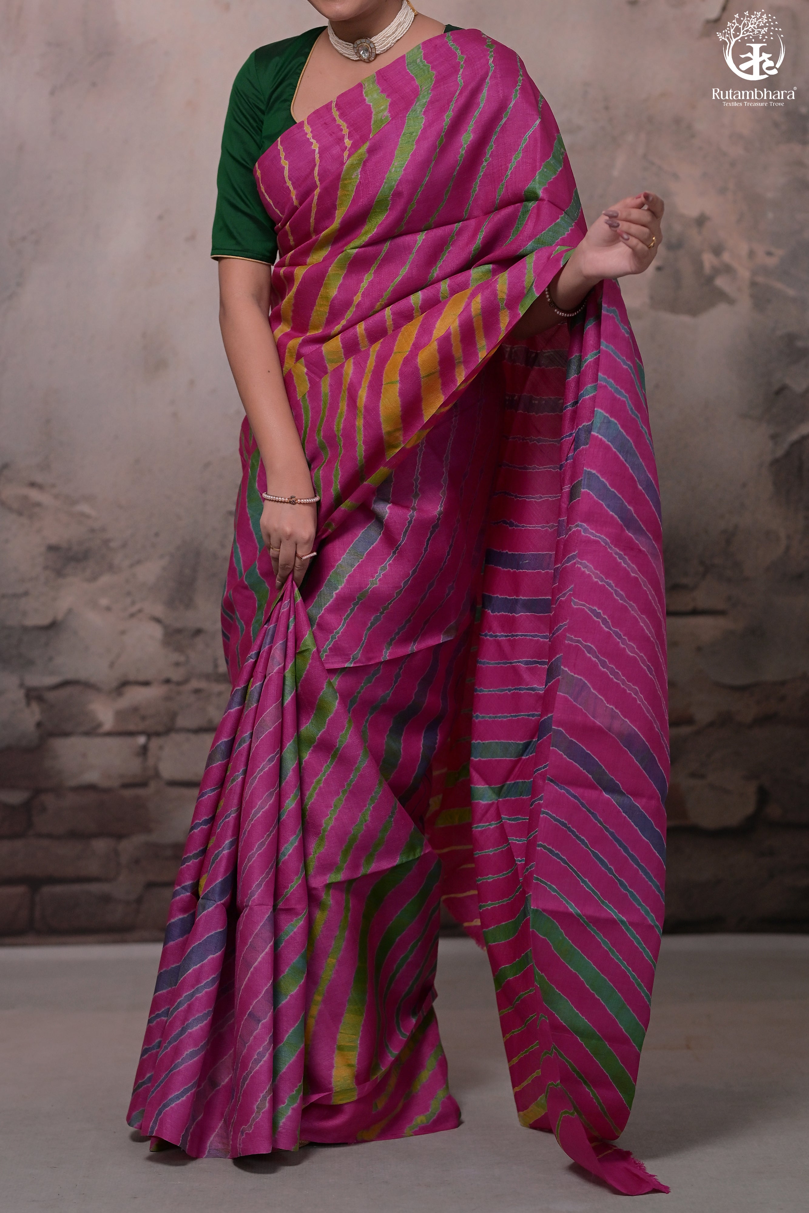 Dhanak - Magenta Pink Leheriya Saree In Tussar Silk