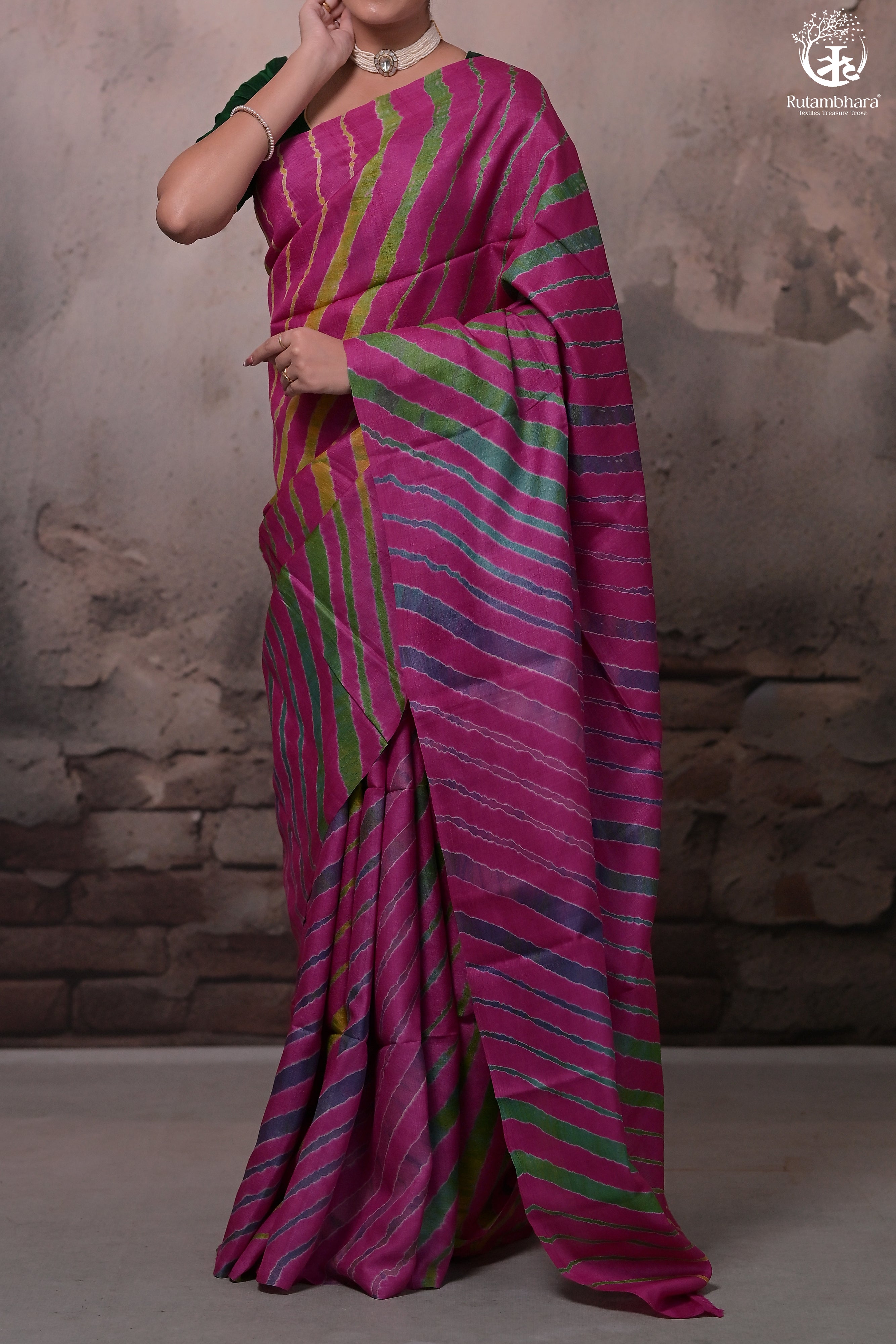 Dhanak - Magenta Pink Leheriya Saree In Tussar Silk