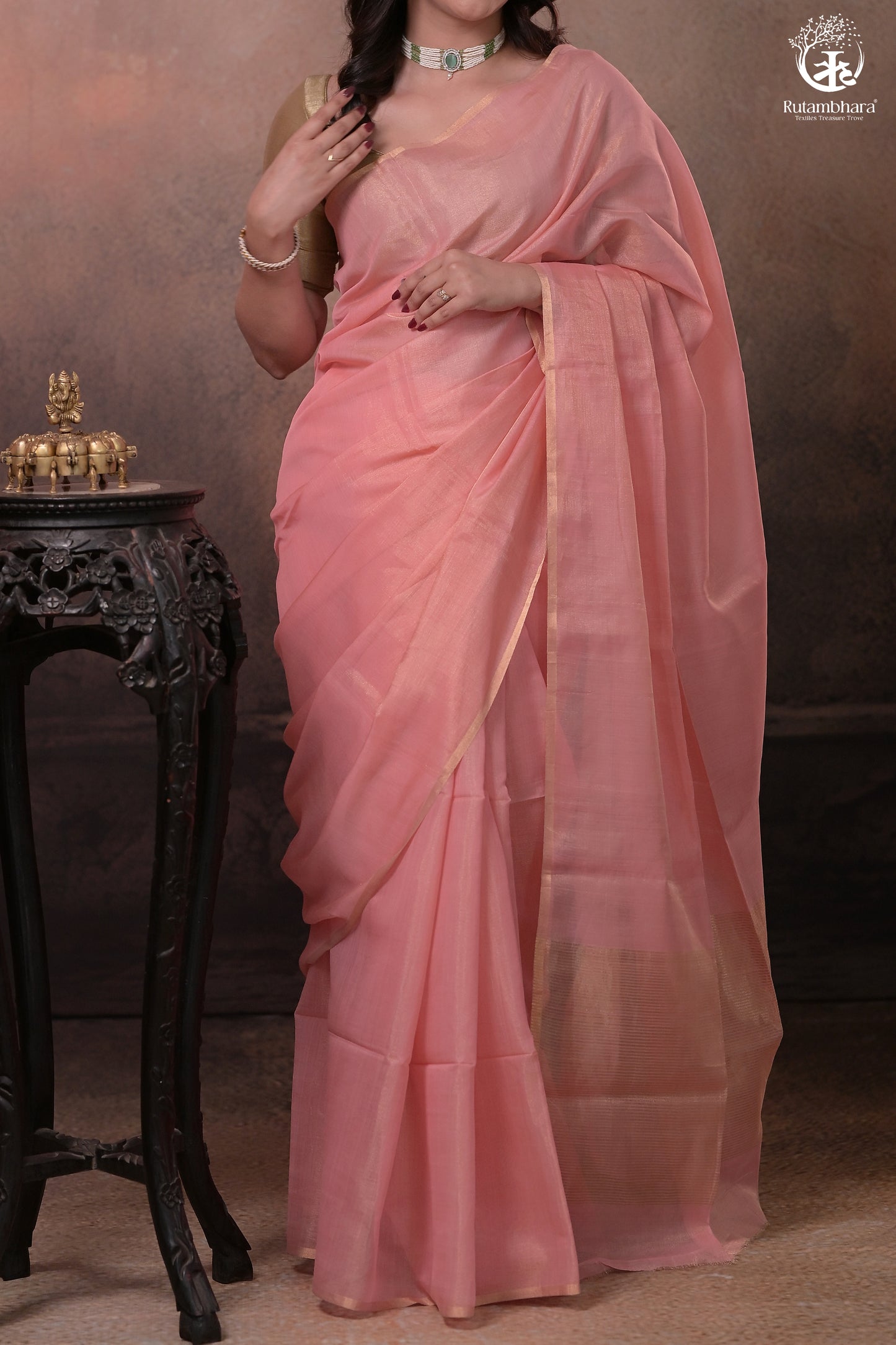Swarvi - Elegant Blush Pink Chanderi Half Tissue Zari