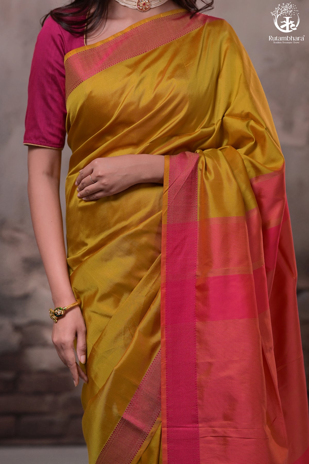 Narmaa - Orange Shot Pink (Green) With Rani Pink Resham Lehar Border