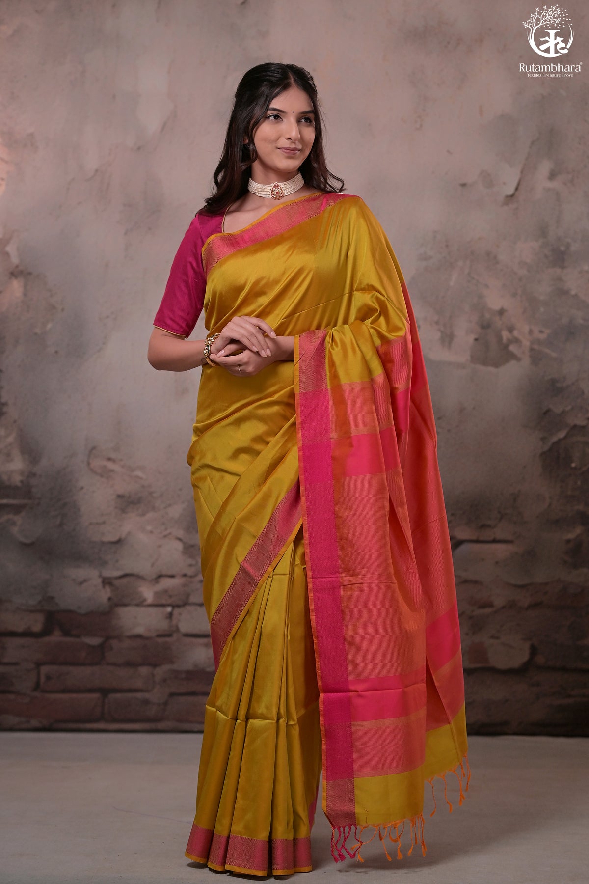Narmaa - Orange Shot Pink (Green) With Rani Pink Resham Lehar Border