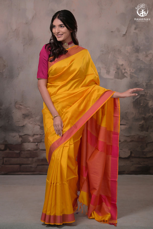 Narmaa - Orange Shot Pink (Sunrise Yellow) With Rani Pink Resham Lehar Border-Rutambhara-RUTAMBHARA