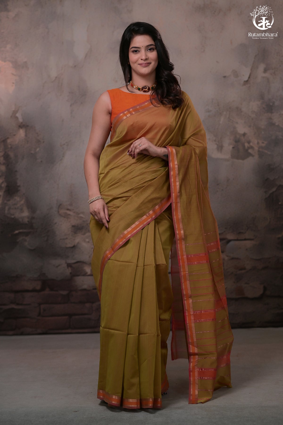 Narmaa - Mehendi Green With Small Lehar Border Silk Cotton Saree