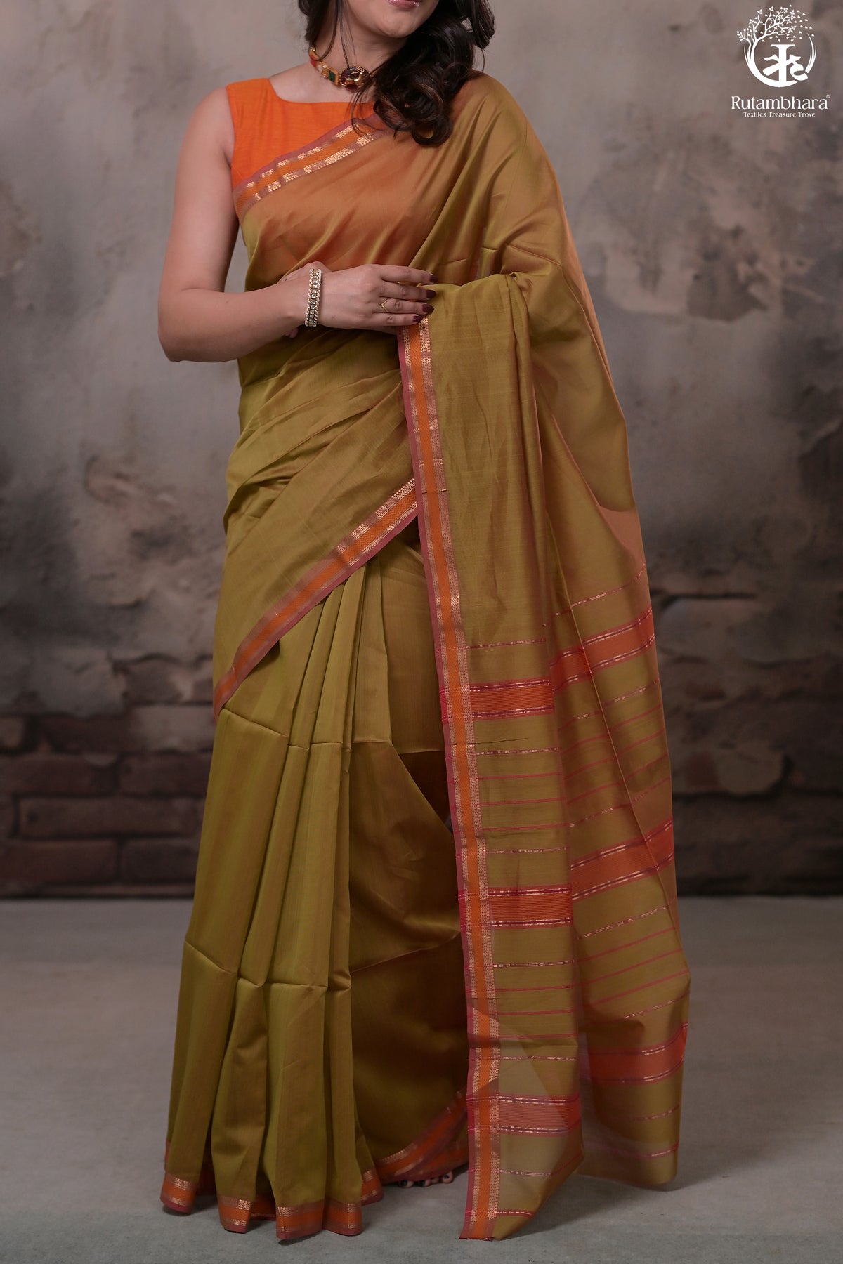 Narmaa - Mehendi Green With Small Lehar Border Silk Cotton Saree