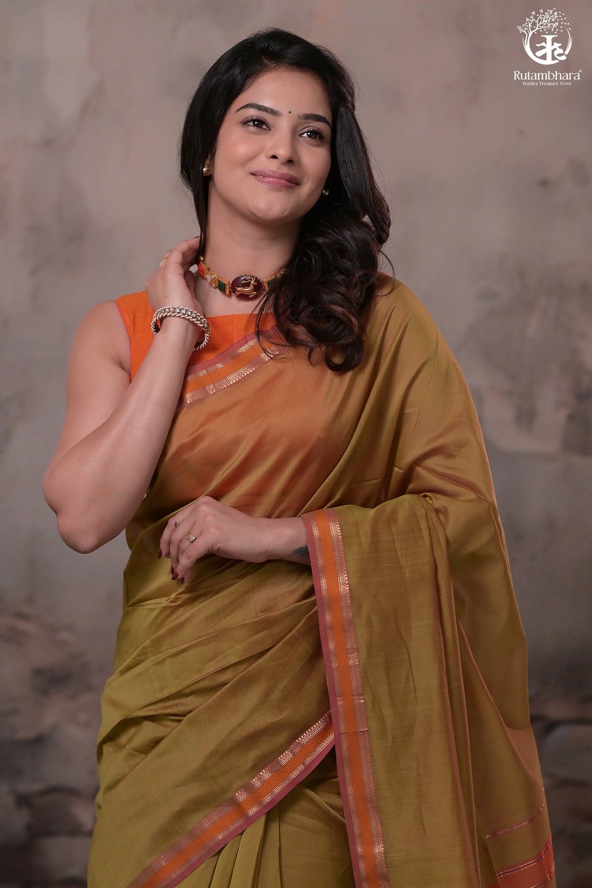 Narmaa - Mehendi Green With Small Lehar Border Silk Cotton Saree