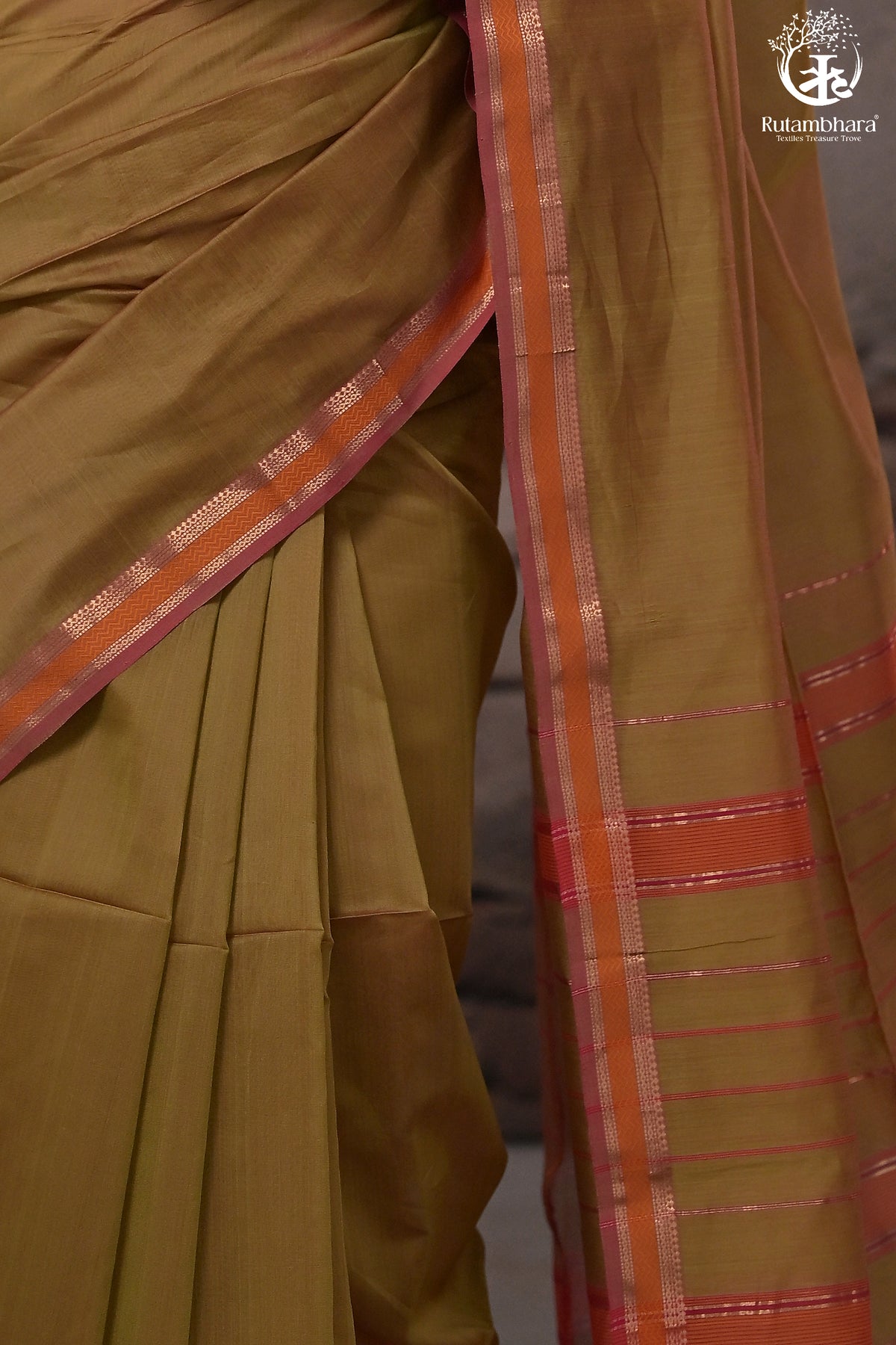 Narmaa - Mehendi Green With Small Lehar Border Silk Cotton Saree