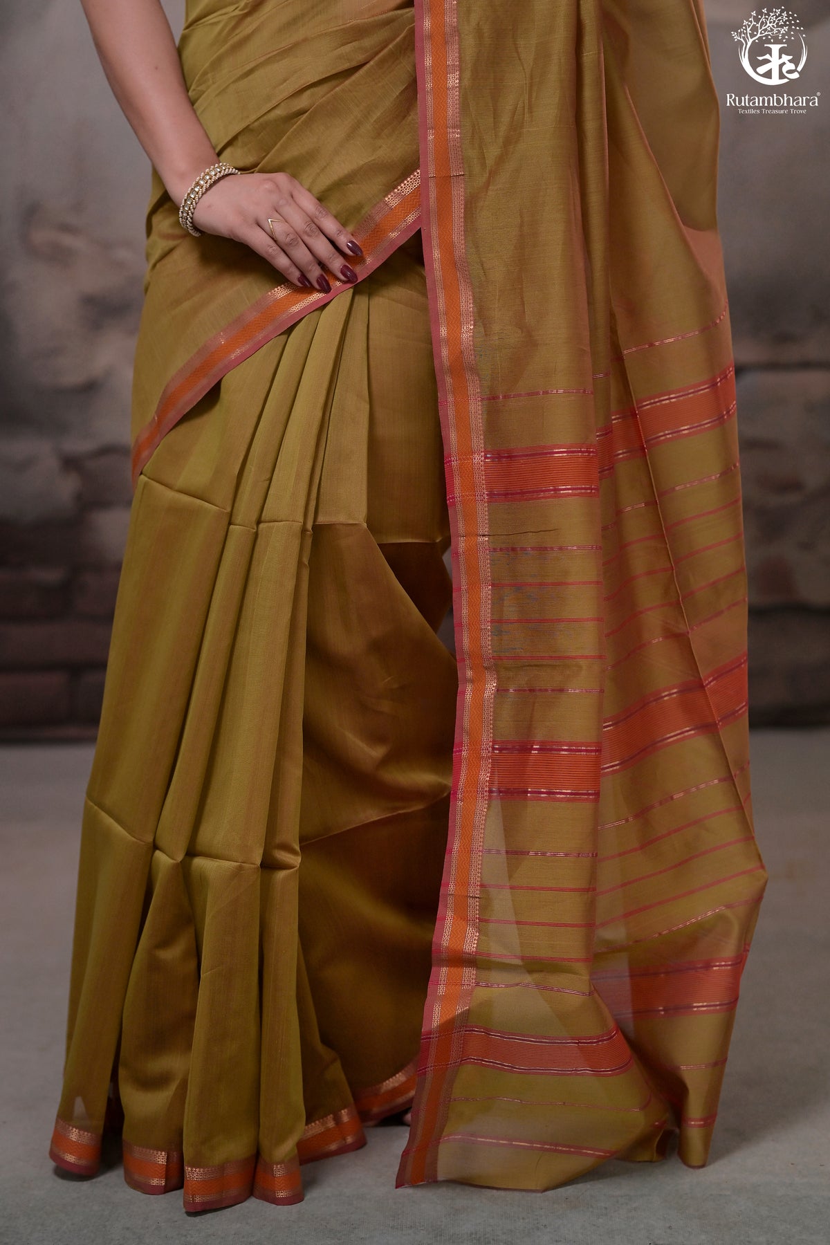 Narmaa - Mehendi Green With Small Lehar Border Silk Cotton Saree