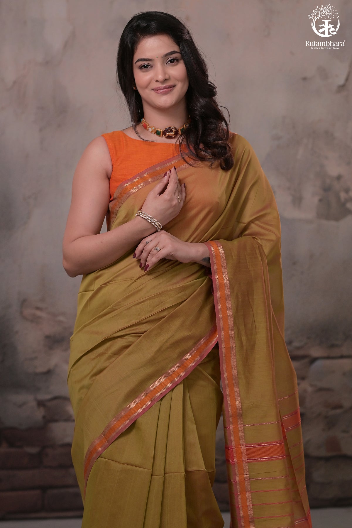Narmaa - Mehendi Green With Small Lehar Border Silk Cotton Saree