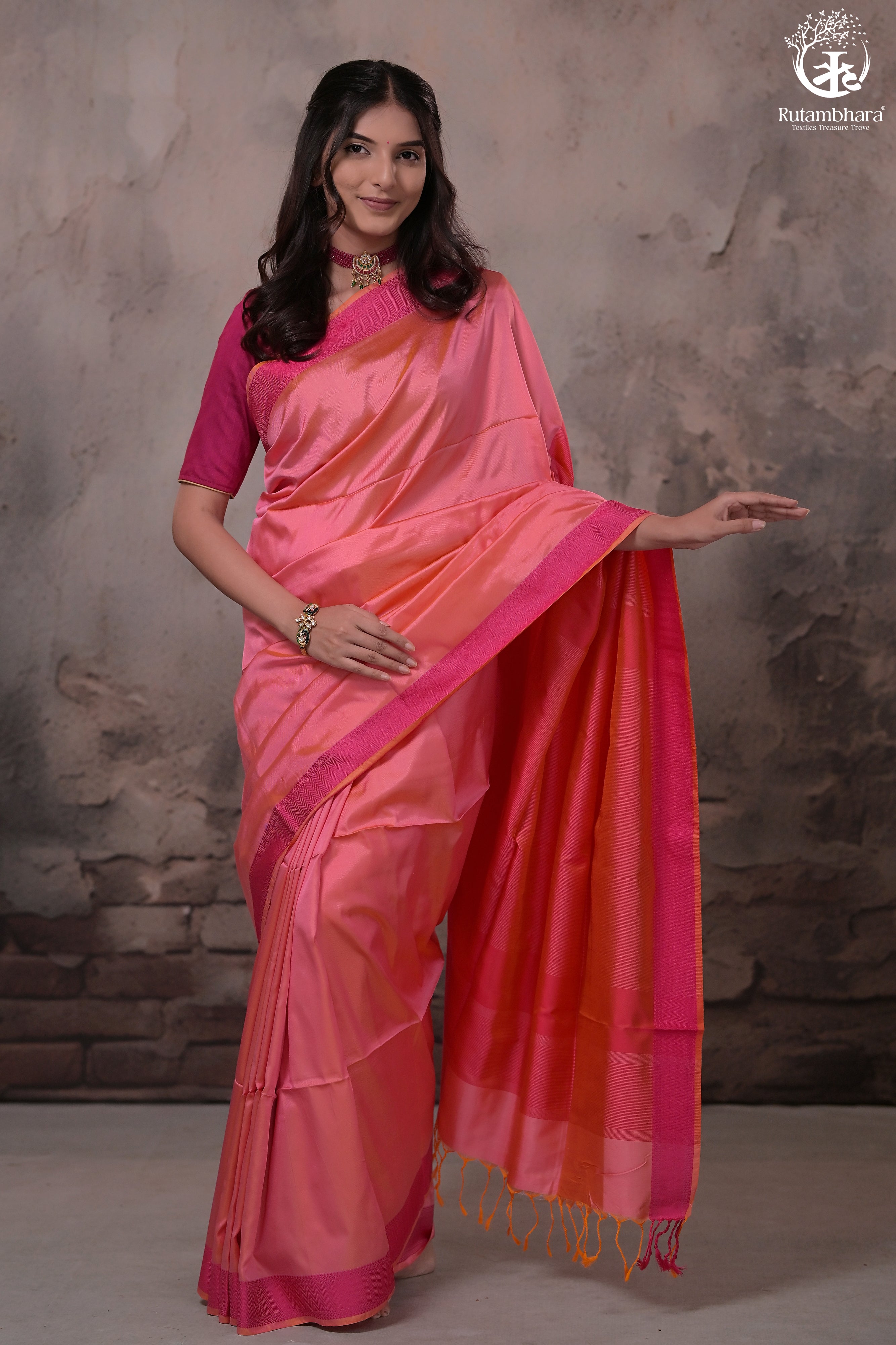 NARMAA - ORANGE SHOT PINK (PEACHISH PINK) WITH RANI PINK RESHAM LEHAR BORDER