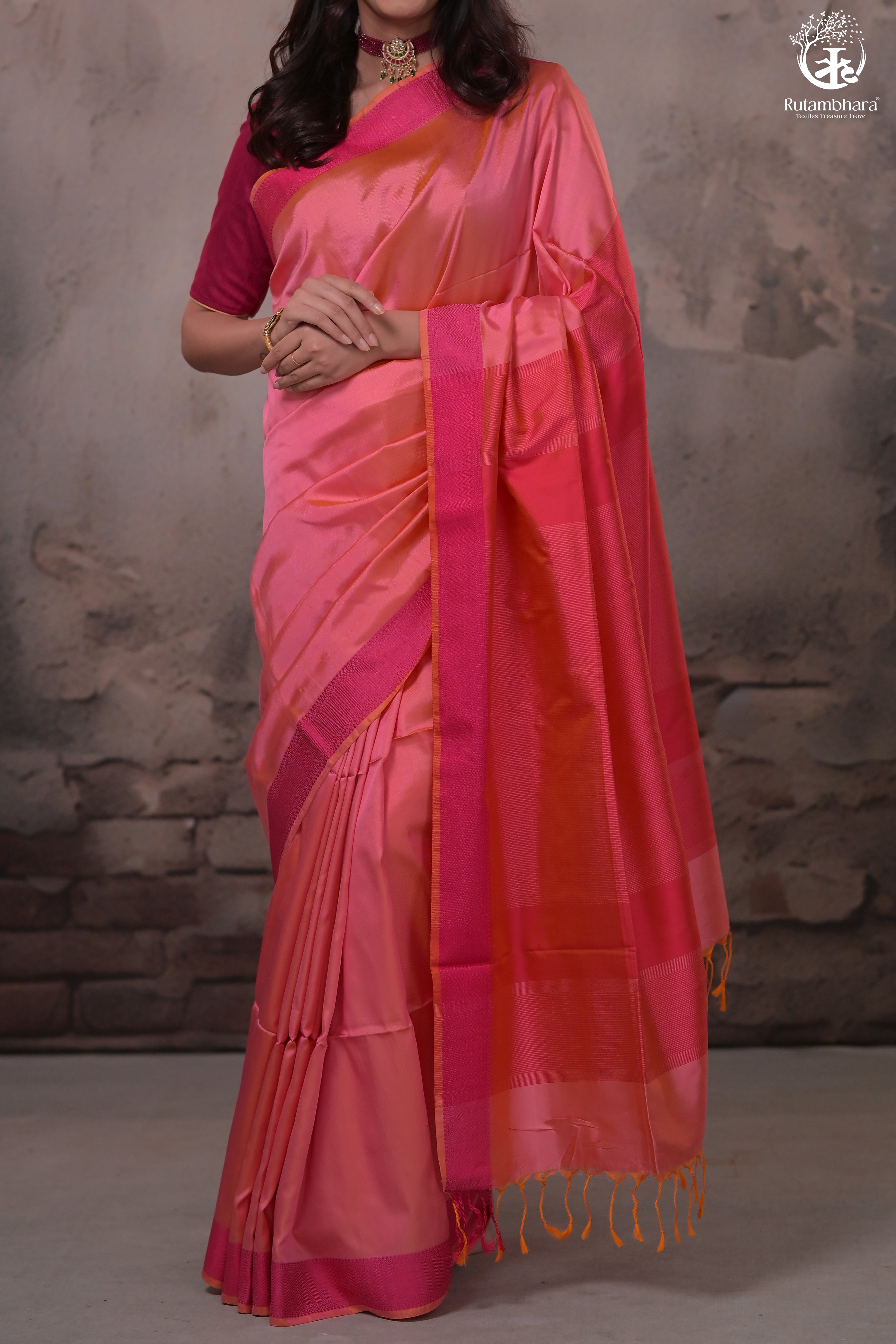 NARMAA - ORANGE SHOT PINK (PEACHISH PINK) WITH RANI PINK RESHAM LEHAR BORDER