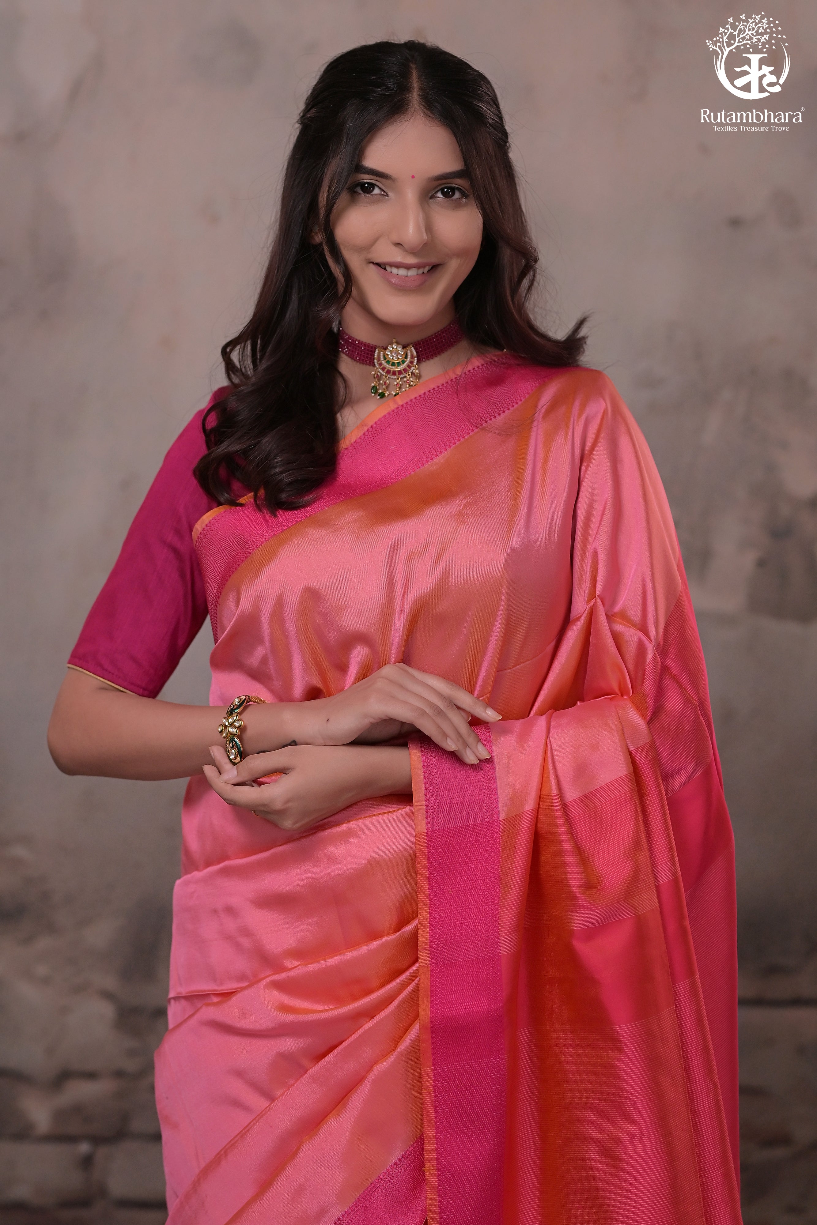 NARMAA - ORANGE SHOT PINK (PEACHISH PINK) WITH RANI PINK RESHAM LEHAR BORDER