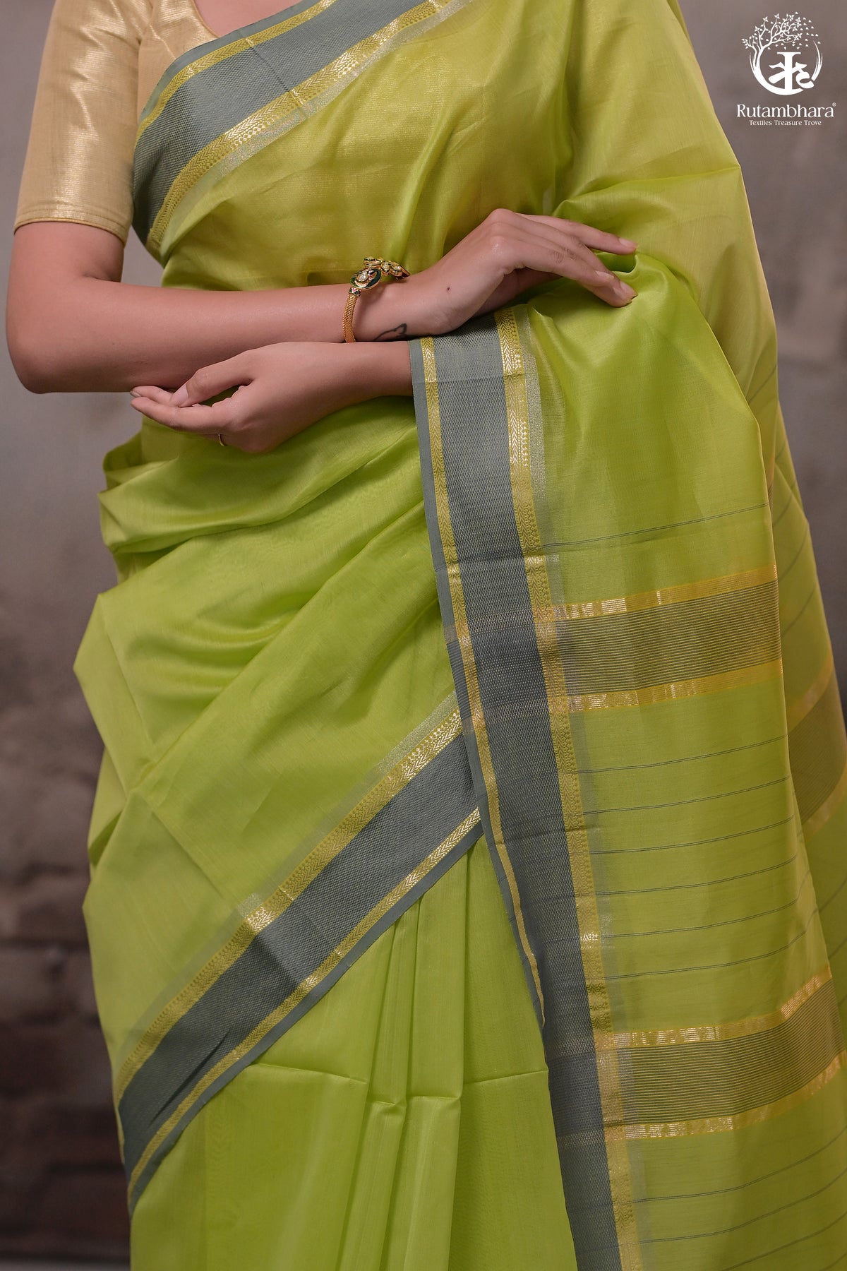 Narmaa - Parrot Green With Small Resham Chatai Border Silk Cotton Saree