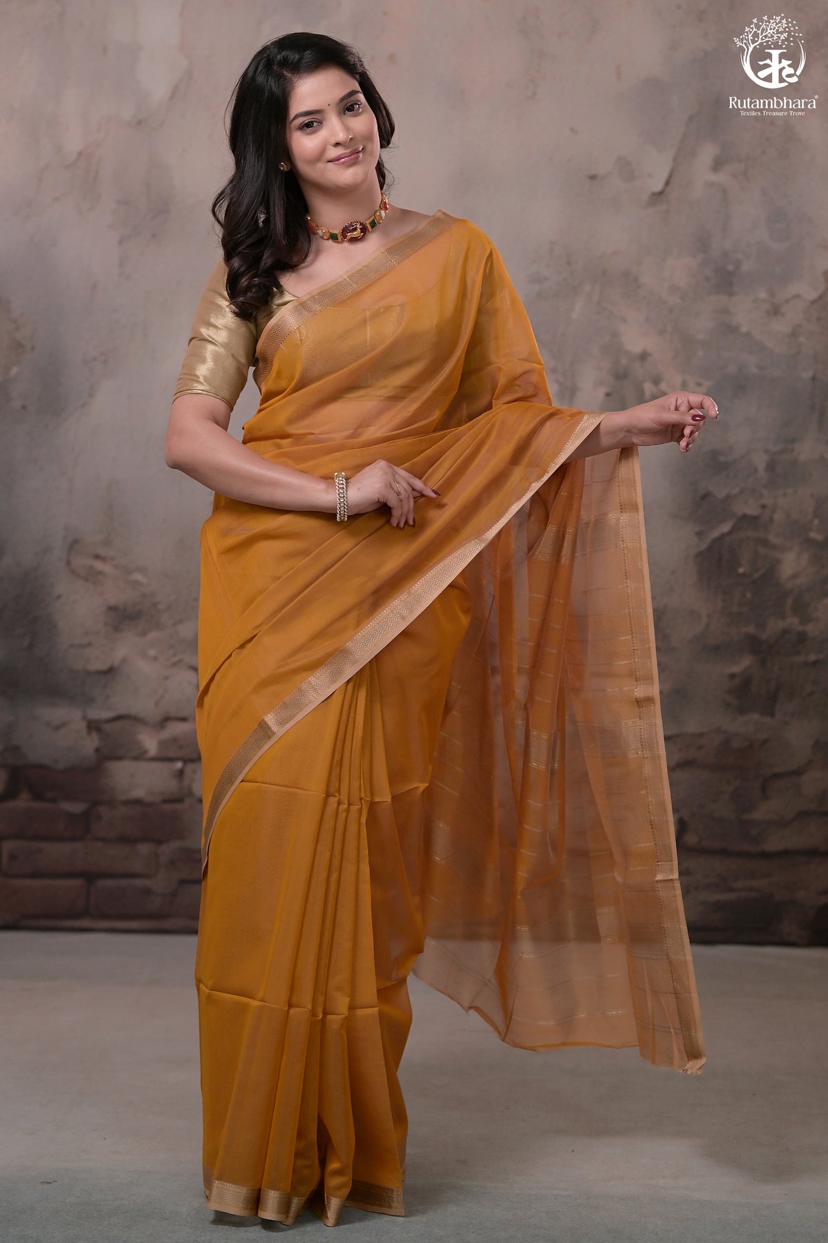 Narmaa - Mustard Yellow With Small Lehar Border Silk Cotton Saree
