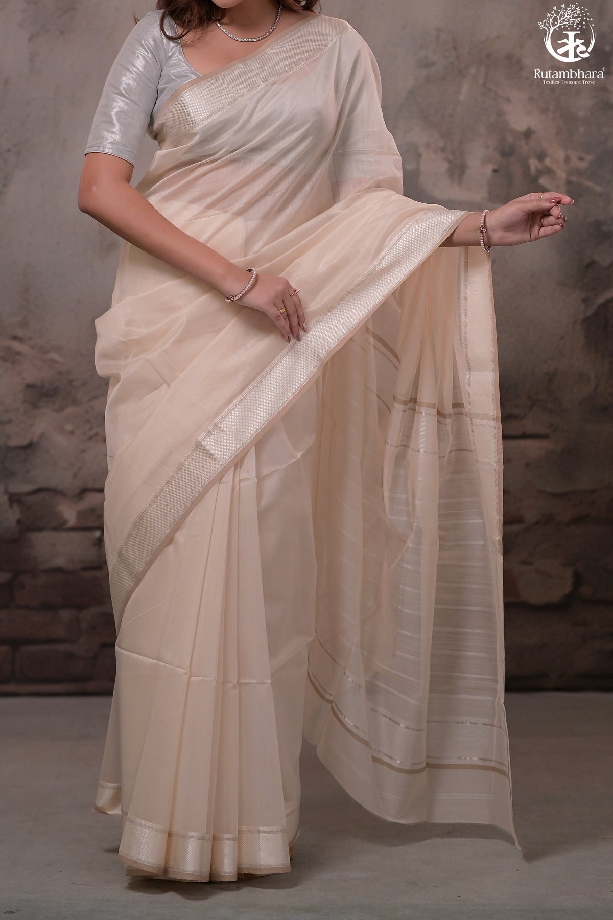 Narmaa - Beige With Resham Chatai Border Silk Cotton Saree