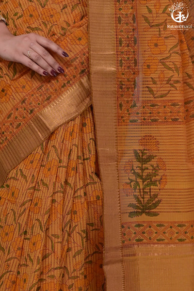 Siyahi - Mustard Orange Handwoven Hand Block Printed Gold Zari Border Cotton Saree-Rutambhara-RUTAMBHARA