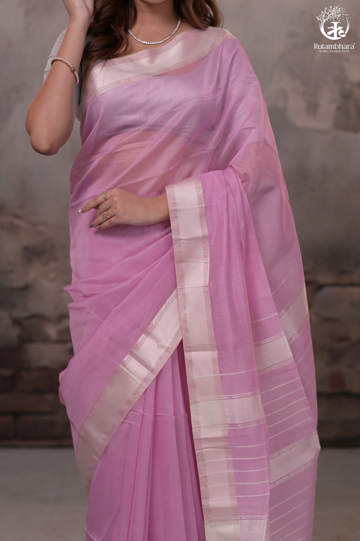 Narmaa - Pastel Mauve Pink With Resham Chevron Border Silk Cotton Saree