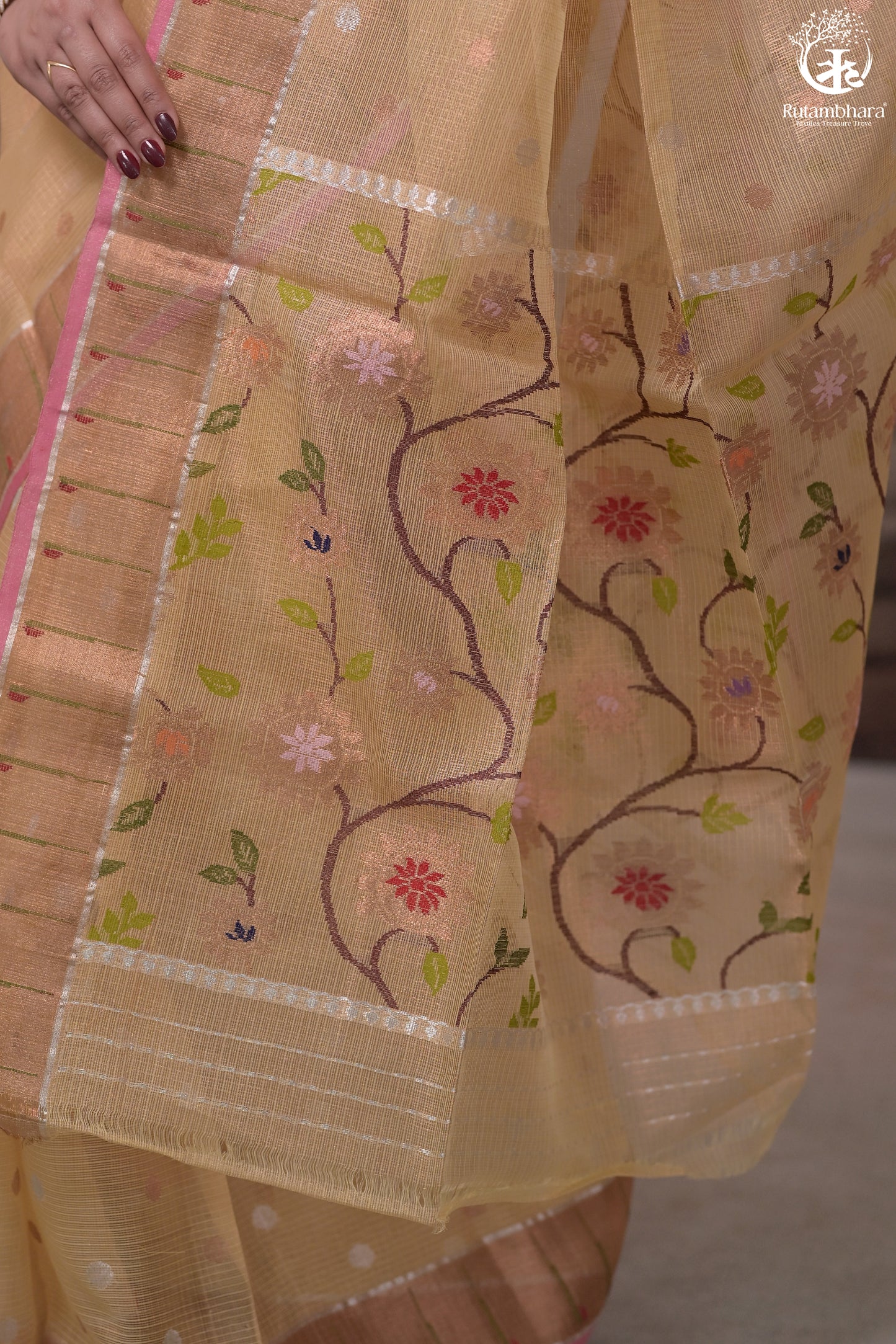 Aliyah - Pastel Yellow Handwoven Zari Tissue Kota Saree With Orange Blouse