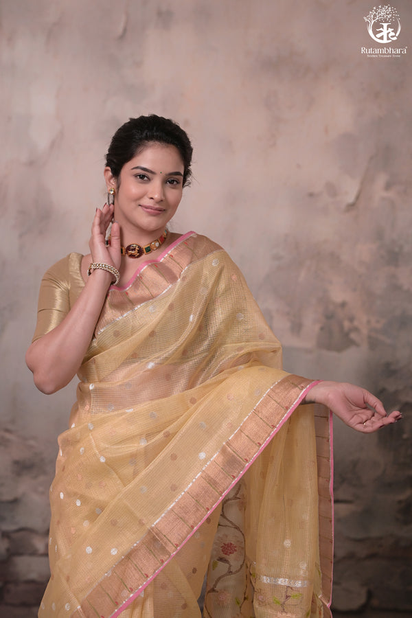 Aliyah - Pastel Yellow Handwoven Zari Tissue Kota Saree With Orange Blouse-Rutambhara-RUTAMBHARA
