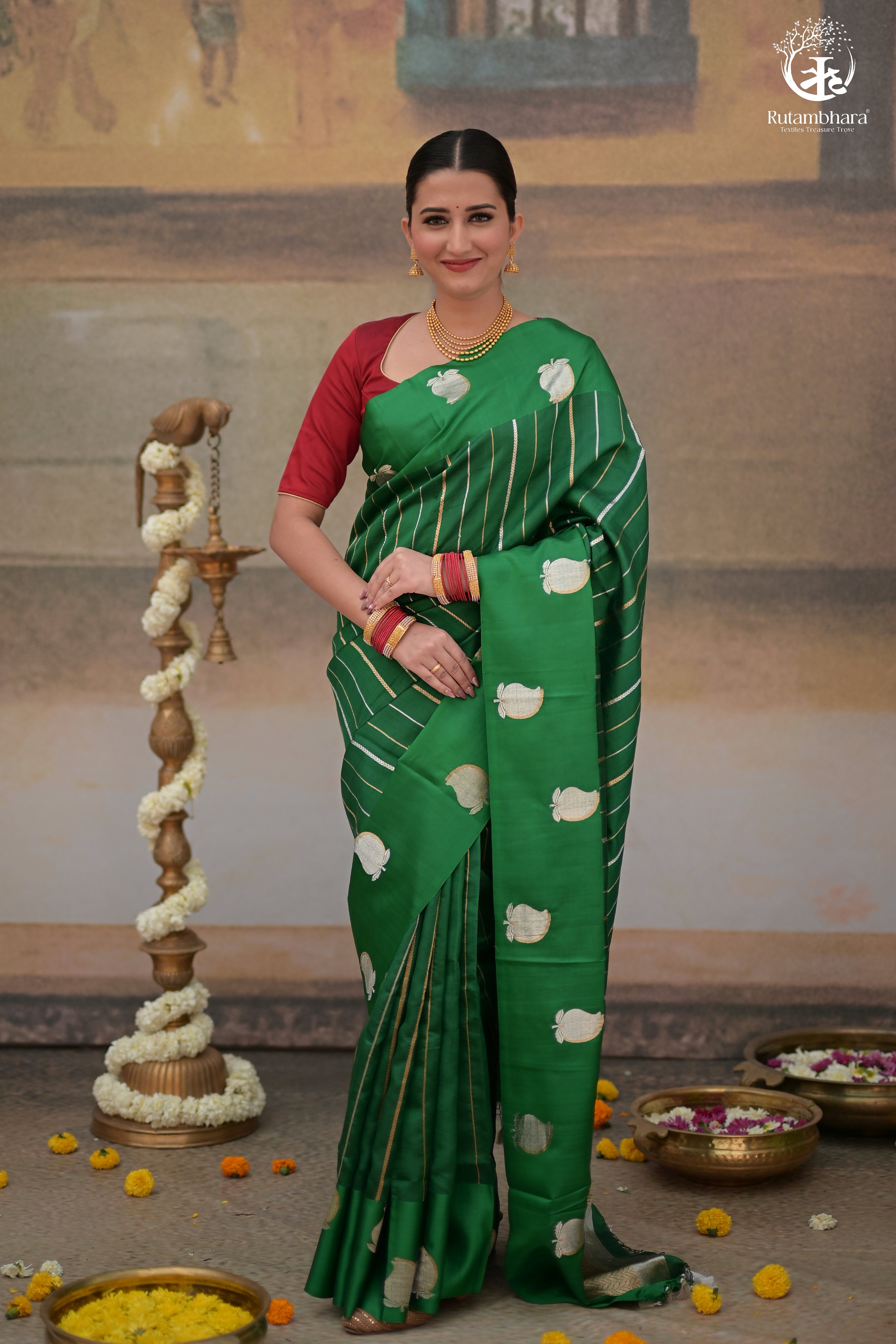 NOUSHK - ROYAL GREEN BANARASI SAREE WITH SONA-RUPA ZARI KAIRI MOTIFS IN MASHROO BORDER