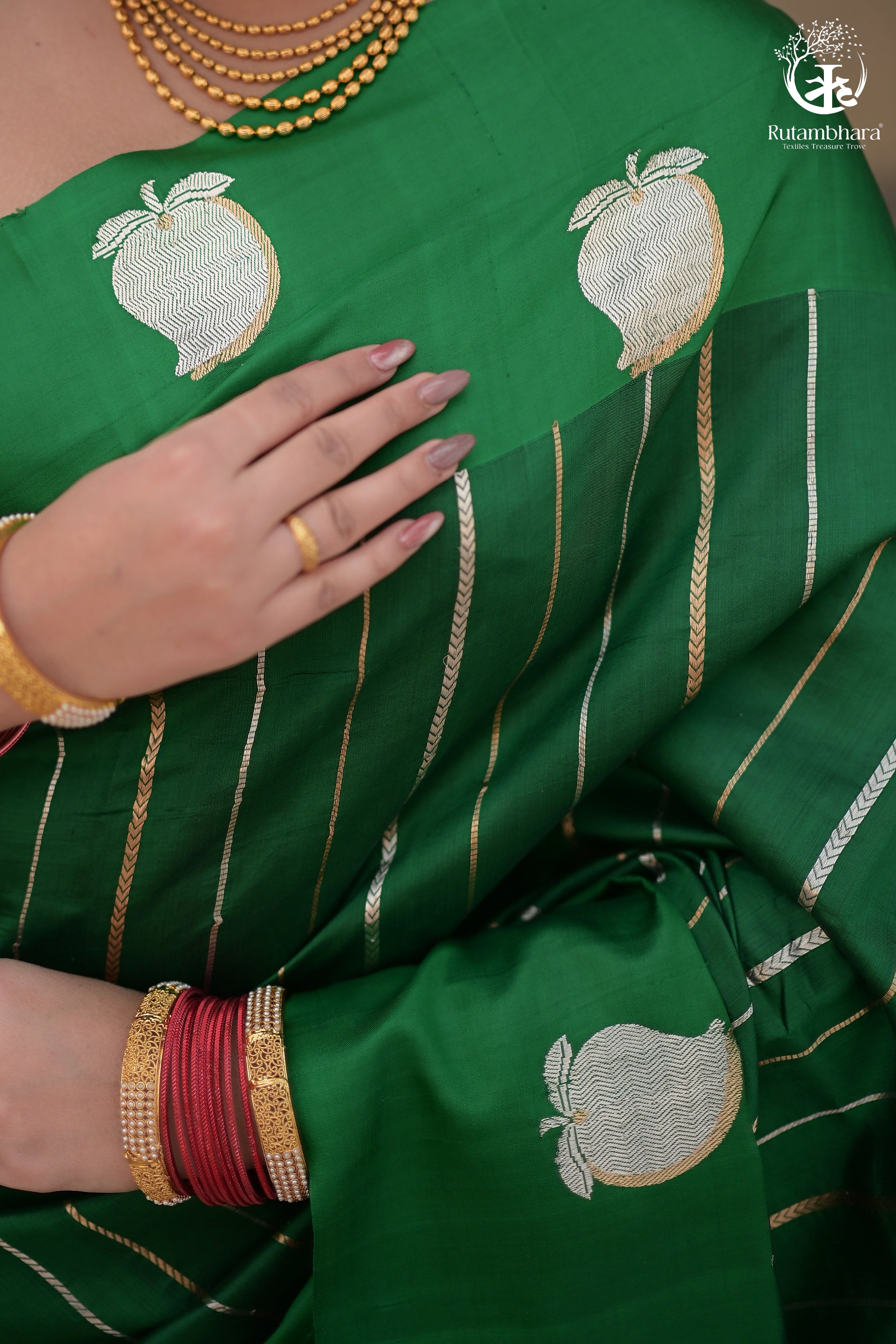 NOUSHK - ROYAL GREEN BANARASI SAREE WITH SONA-RUPA ZARI KAIRI MOTIFS IN MASHROO BORDER