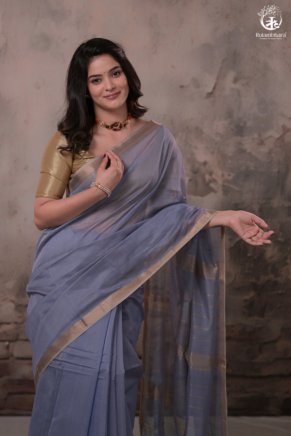 Narmaa - Pastel Blueish Grey With Small Resham Zari Lehar Border Silk Cotton Saree-Rutambhara-RUTAMBHARA