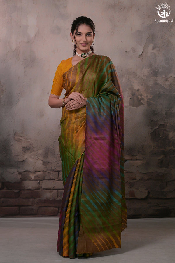 Dhanak - Dark Brown Leheriya Saree In Tussar Silk-Rutambhara-RUTAMBHARA