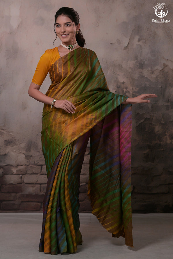 Dhanak - Dark Brown Leheriya Saree In Tussar Silk-Rutambhara-RUTAMBHARA