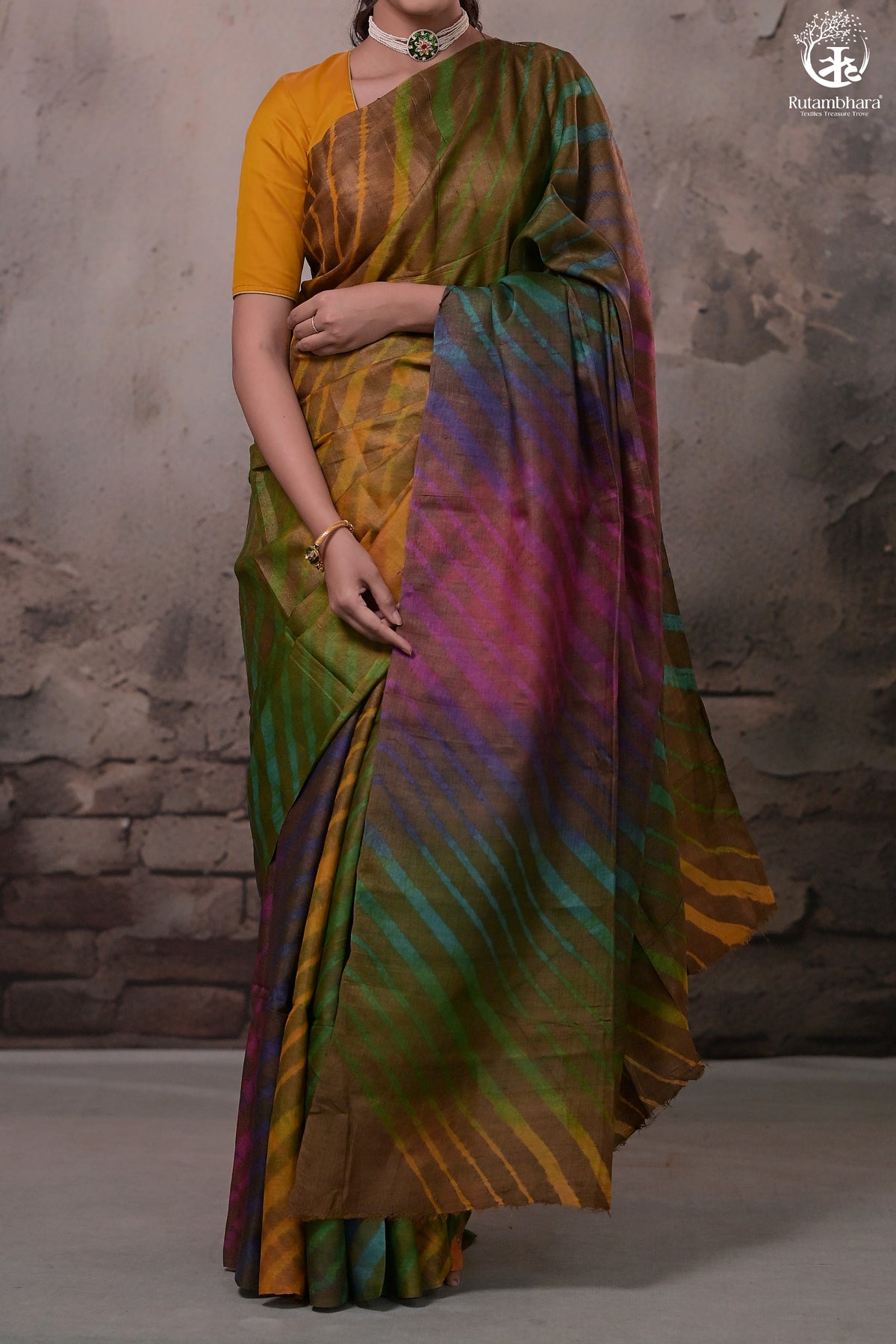Dhanak - Dark Brown Leheriya Saree In Tussar Silk