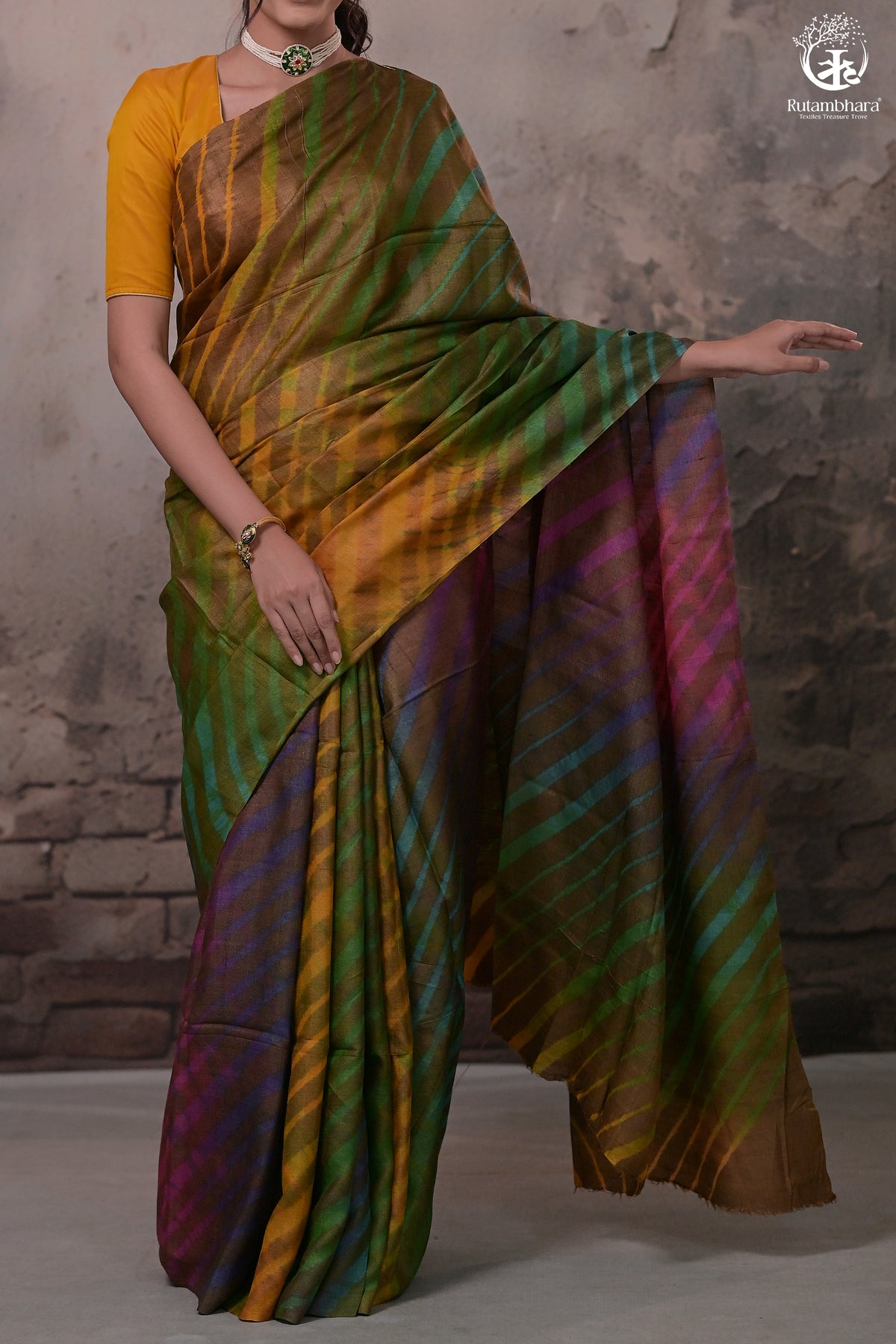 Dhanak - Dark Brown Leheriya Saree In Tussar Silk