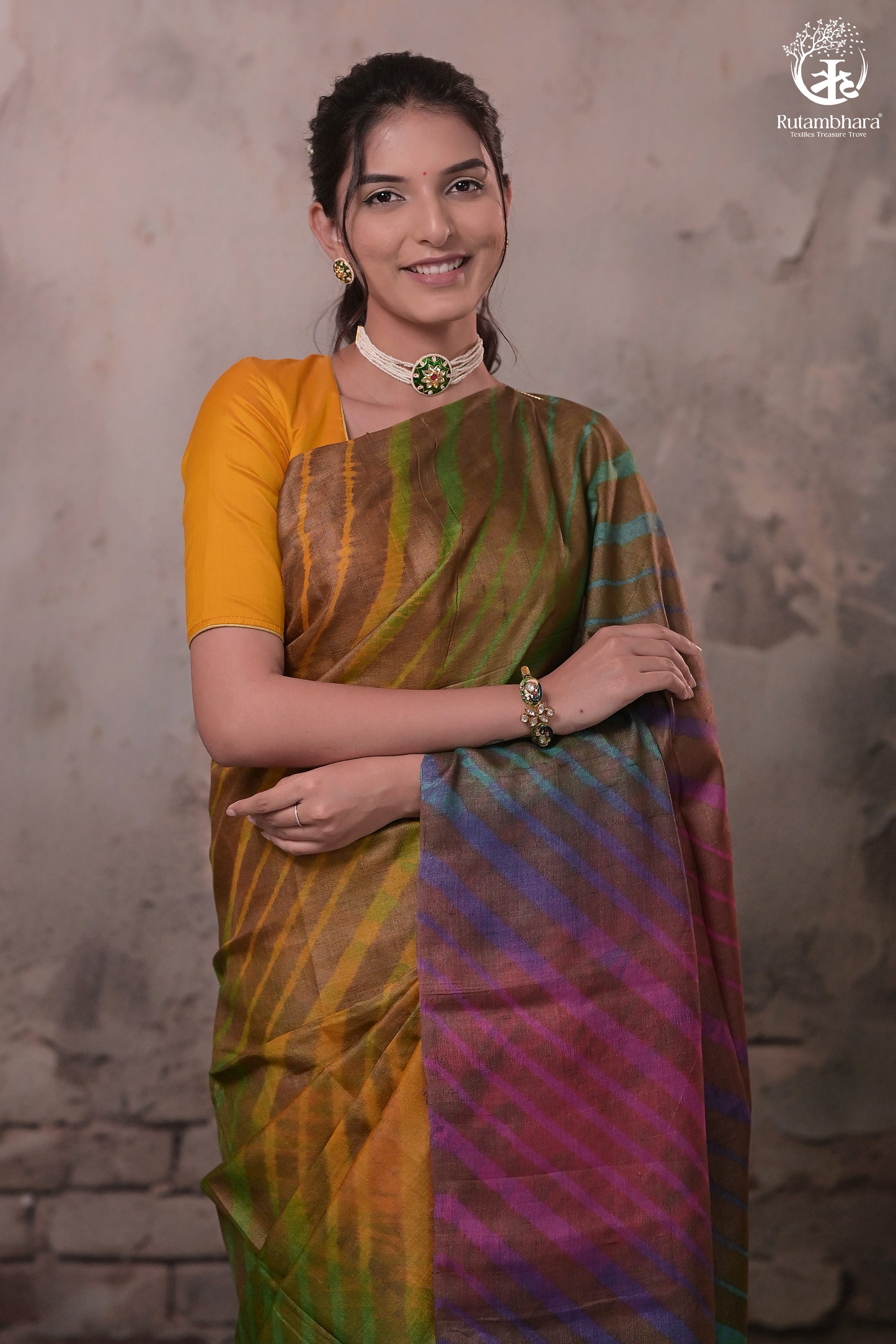 Dhanak - Dark Brown Leheriya Saree In Tussar Silk