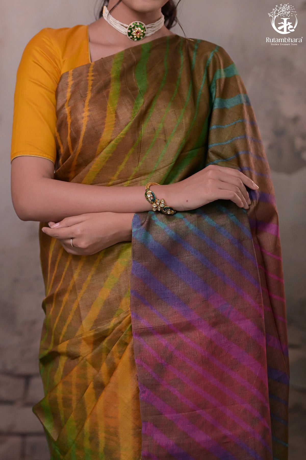 Dhanak - Dark Brown Leheriya Saree In Tussar Silk