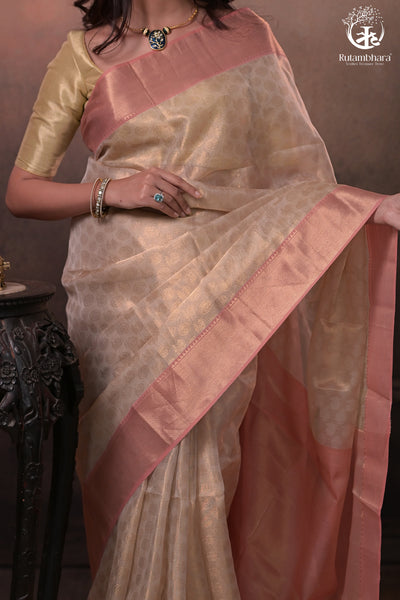 Swarvi - Handwoven Chanderi Jamawar Saree in Beige with Buta-RUTAMBHARA-RUTAMBHARA