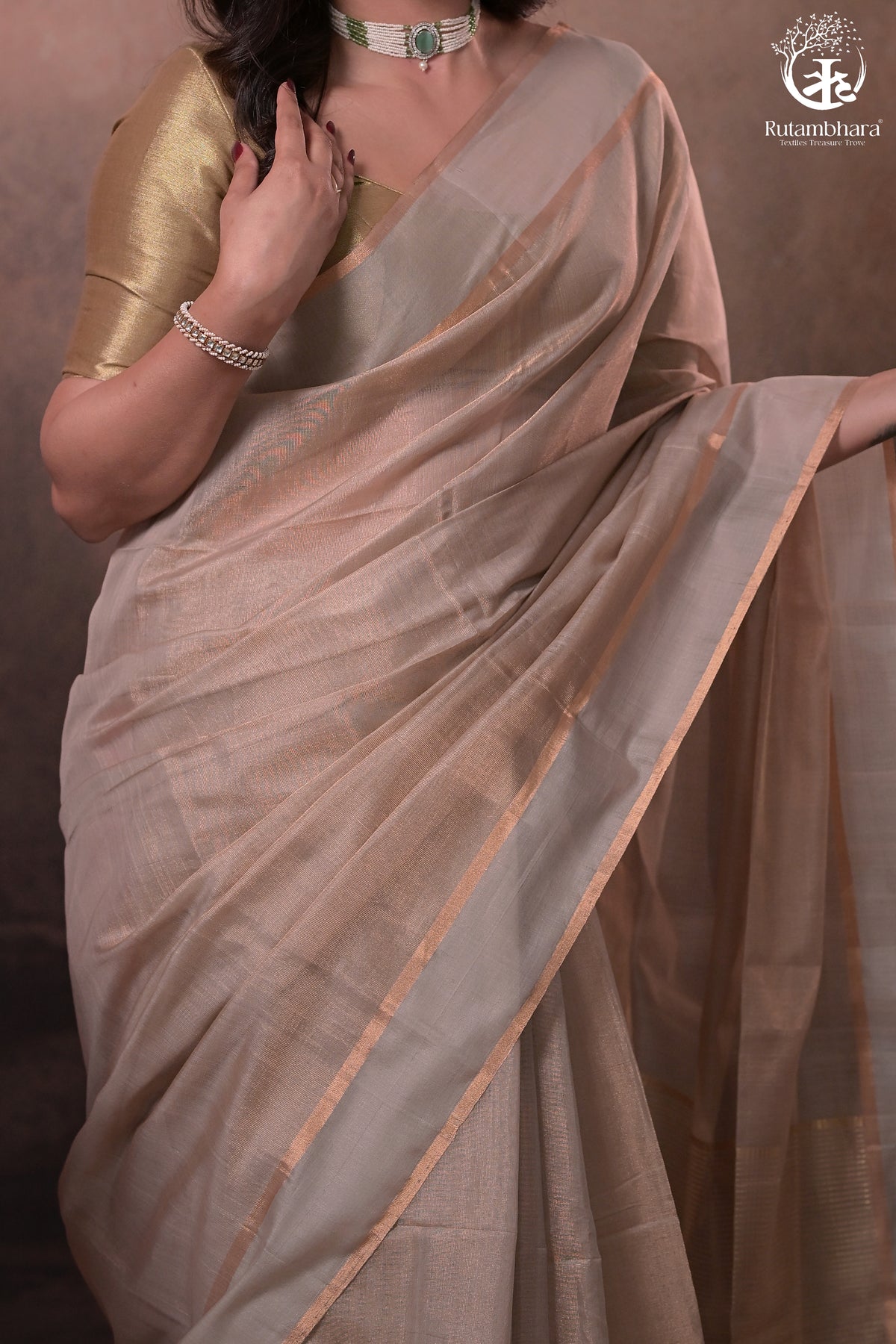 Swarvi - Pastel Beige Two Taar Chanderi Tissue Saree with Powder Blue Selvedge