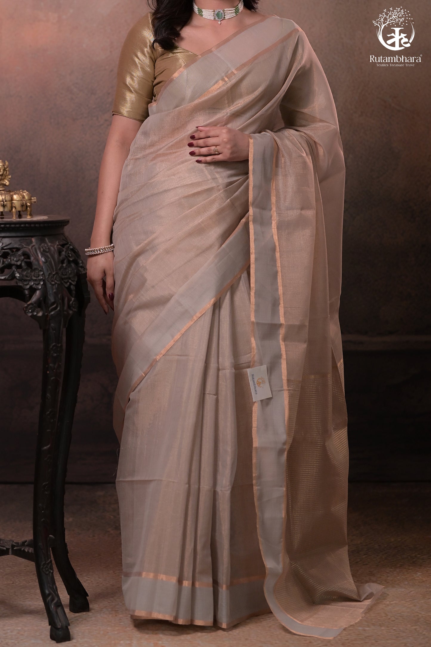 Swarvi - Pastel Beige Two Taar Chanderi Tissue Saree with Powder Blue Selvedge