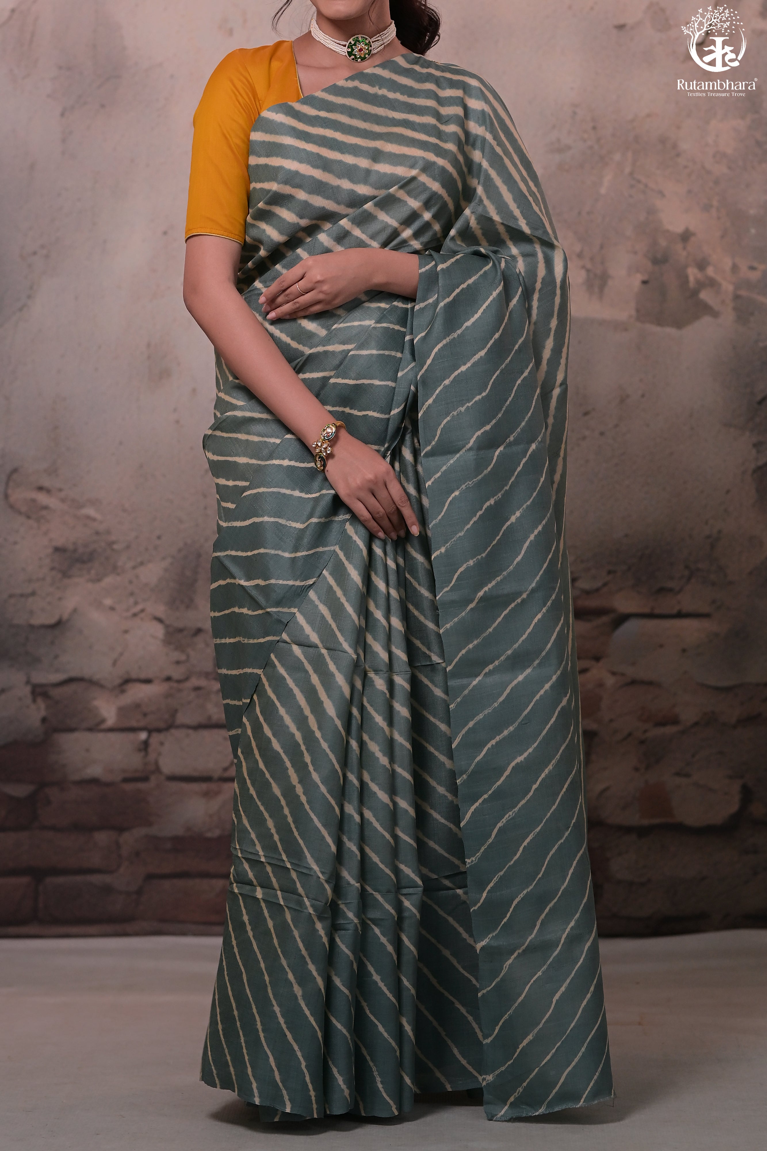 DHANAK - GREY LEHERIYA SAREE IN TUSSAR SILK