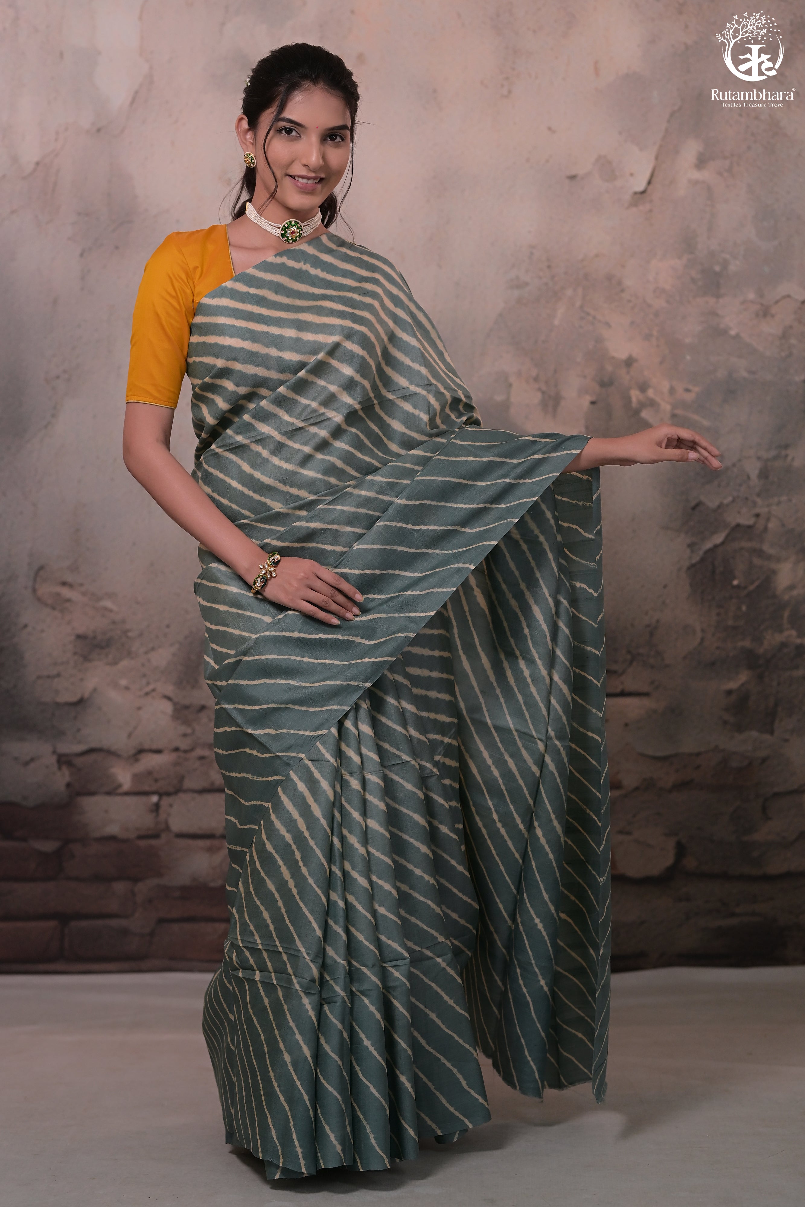 DHANAK - GREY LEHERIYA SAREE IN TUSSAR SILK