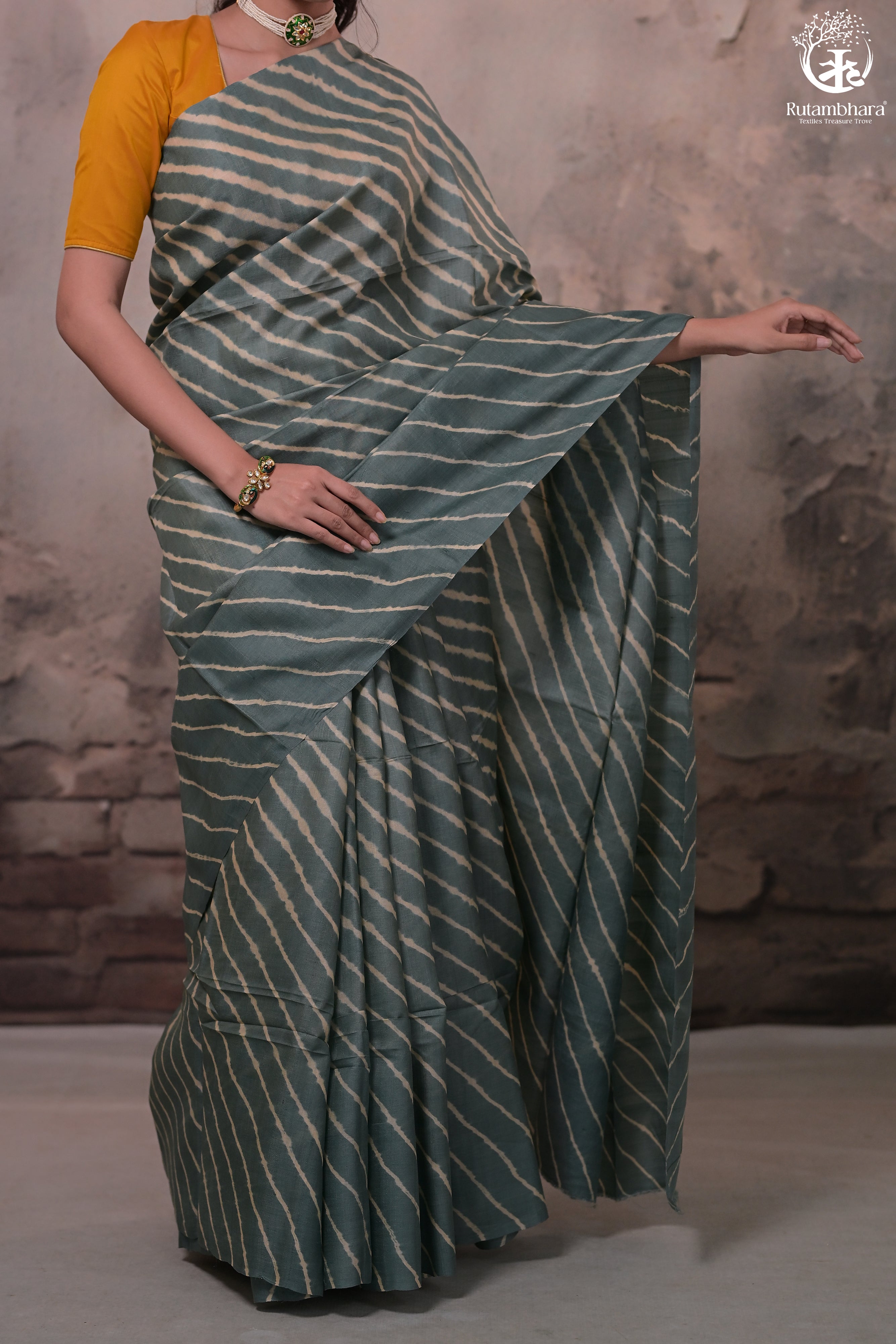 DHANAK - GREY LEHERIYA SAREE IN TUSSAR SILK