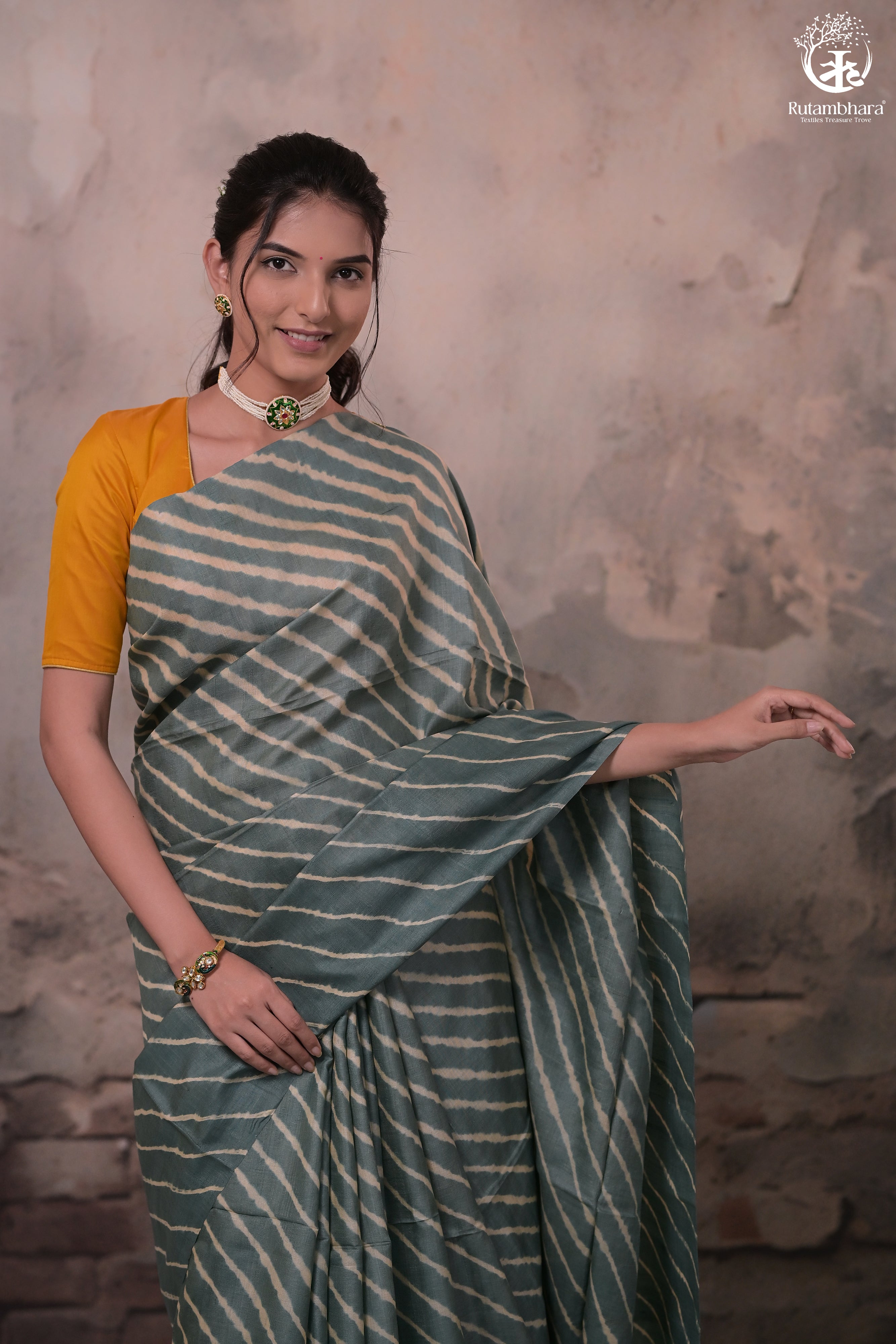 DHANAK - GREY LEHERIYA SAREE IN TUSSAR SILK