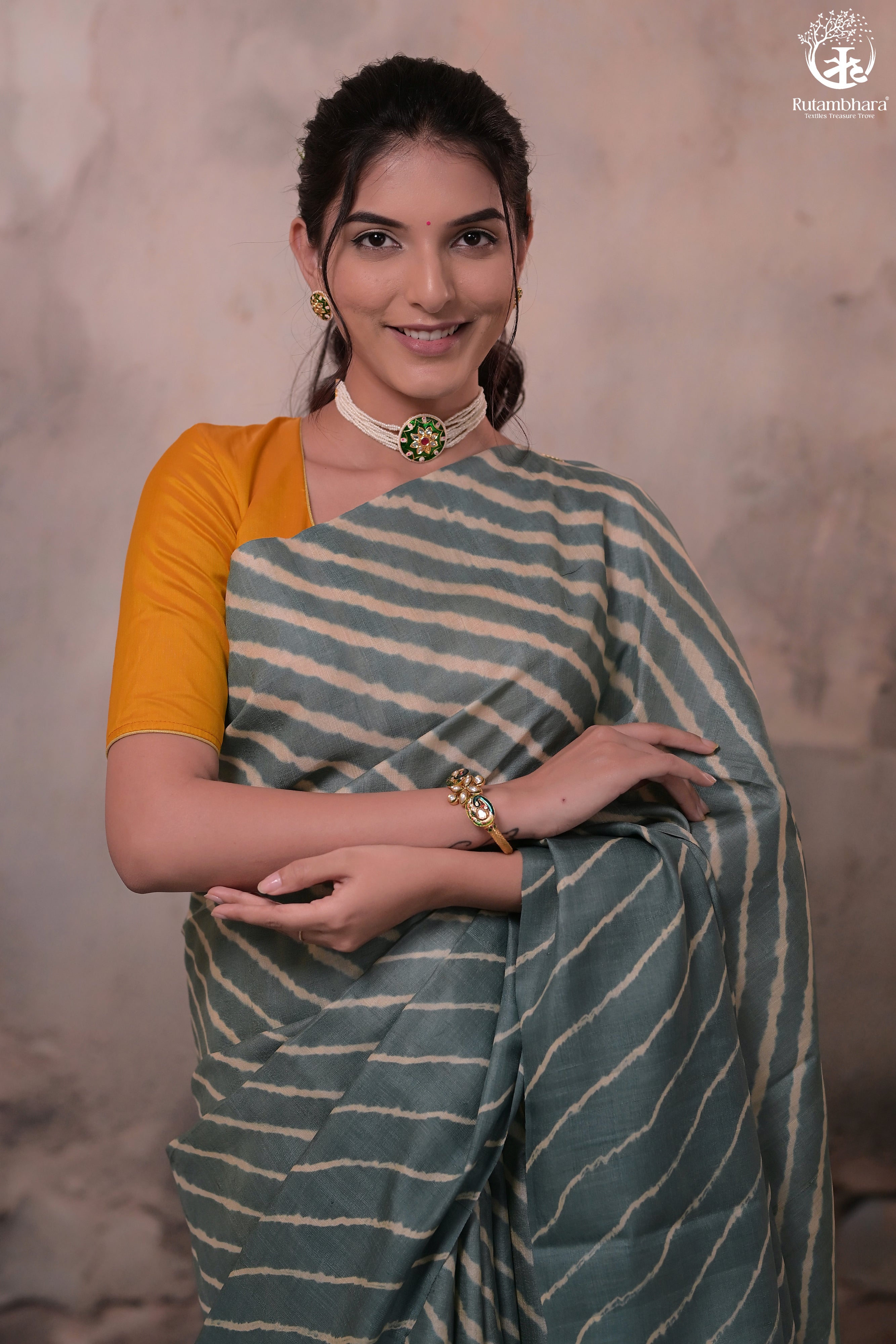 DHANAK - GREY LEHERIYA SAREE IN TUSSAR SILK