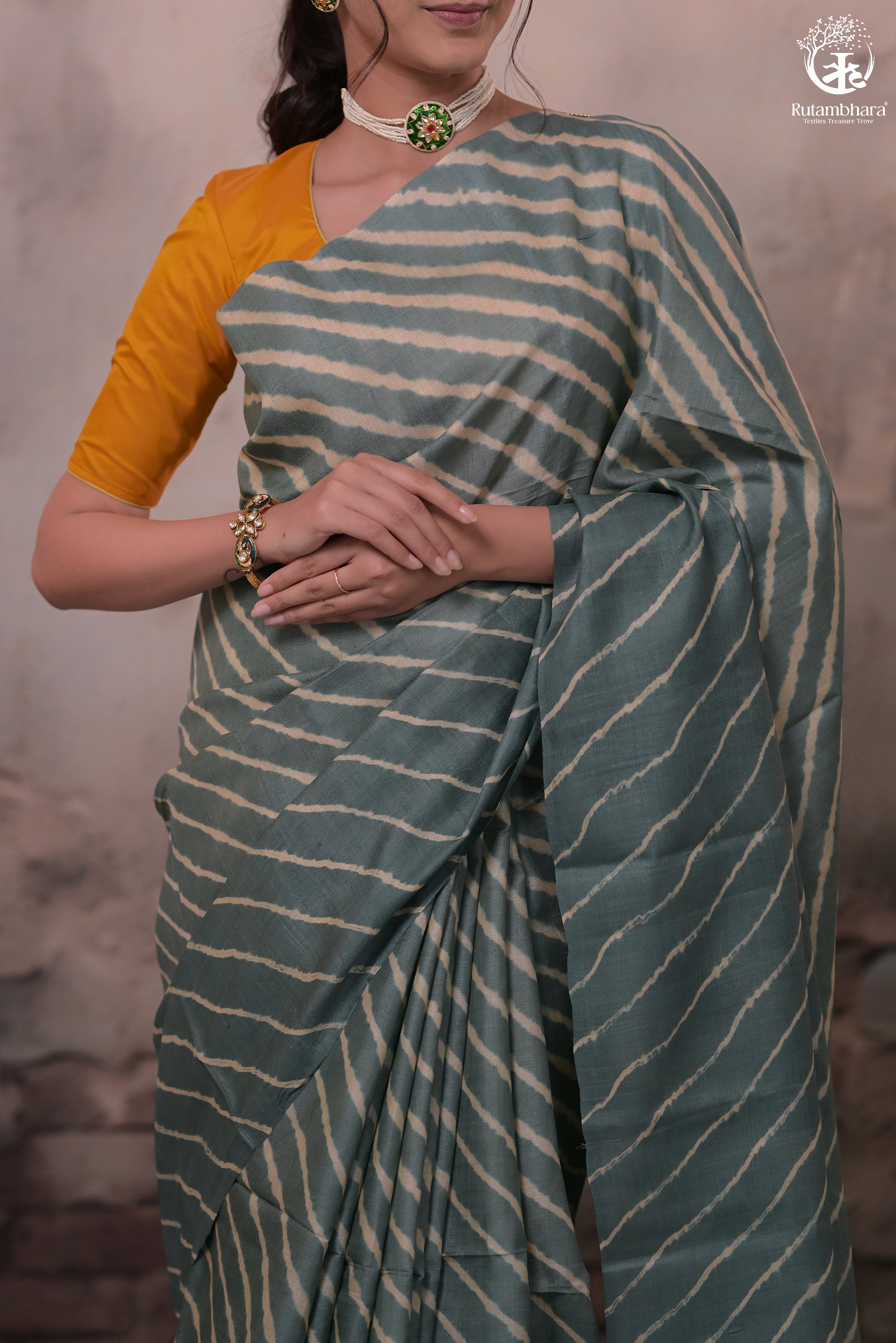 DHANAK - GREY LEHERIYA SAREE IN TUSSAR SILK