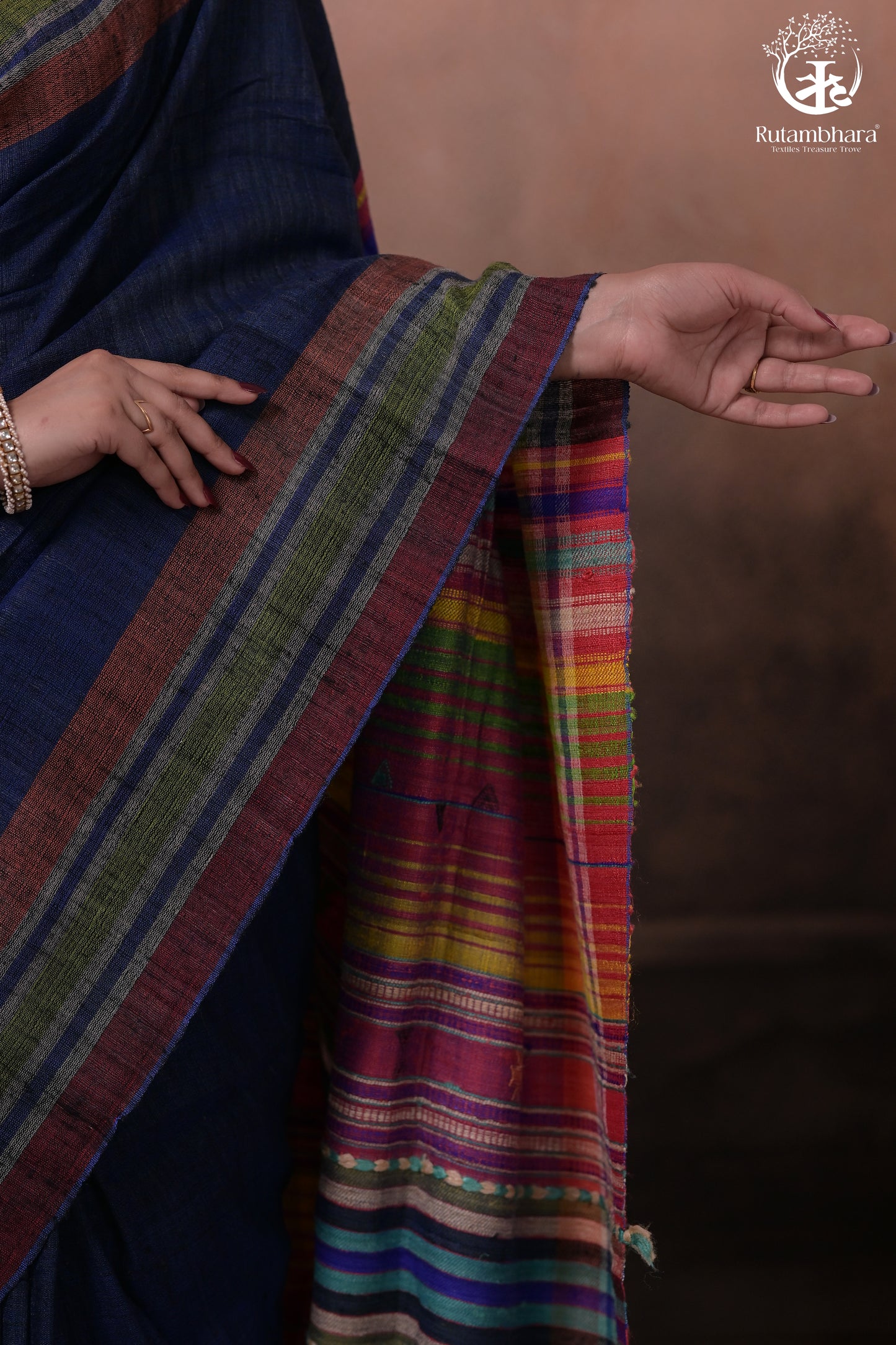 Dark Blue Kutchi Tussar Cotton Saree