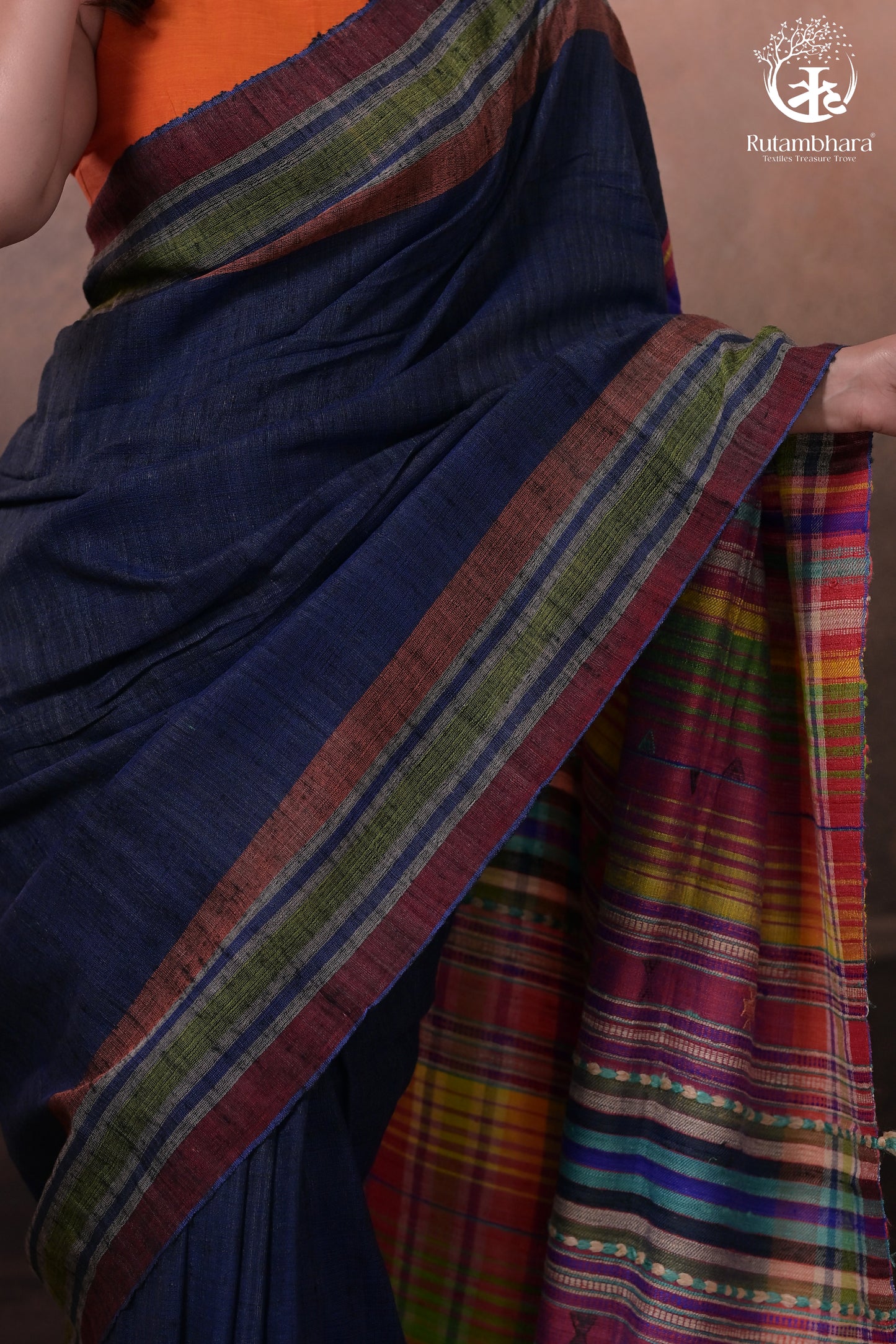 Dark Blue Kutchi Tussar Cotton Saree