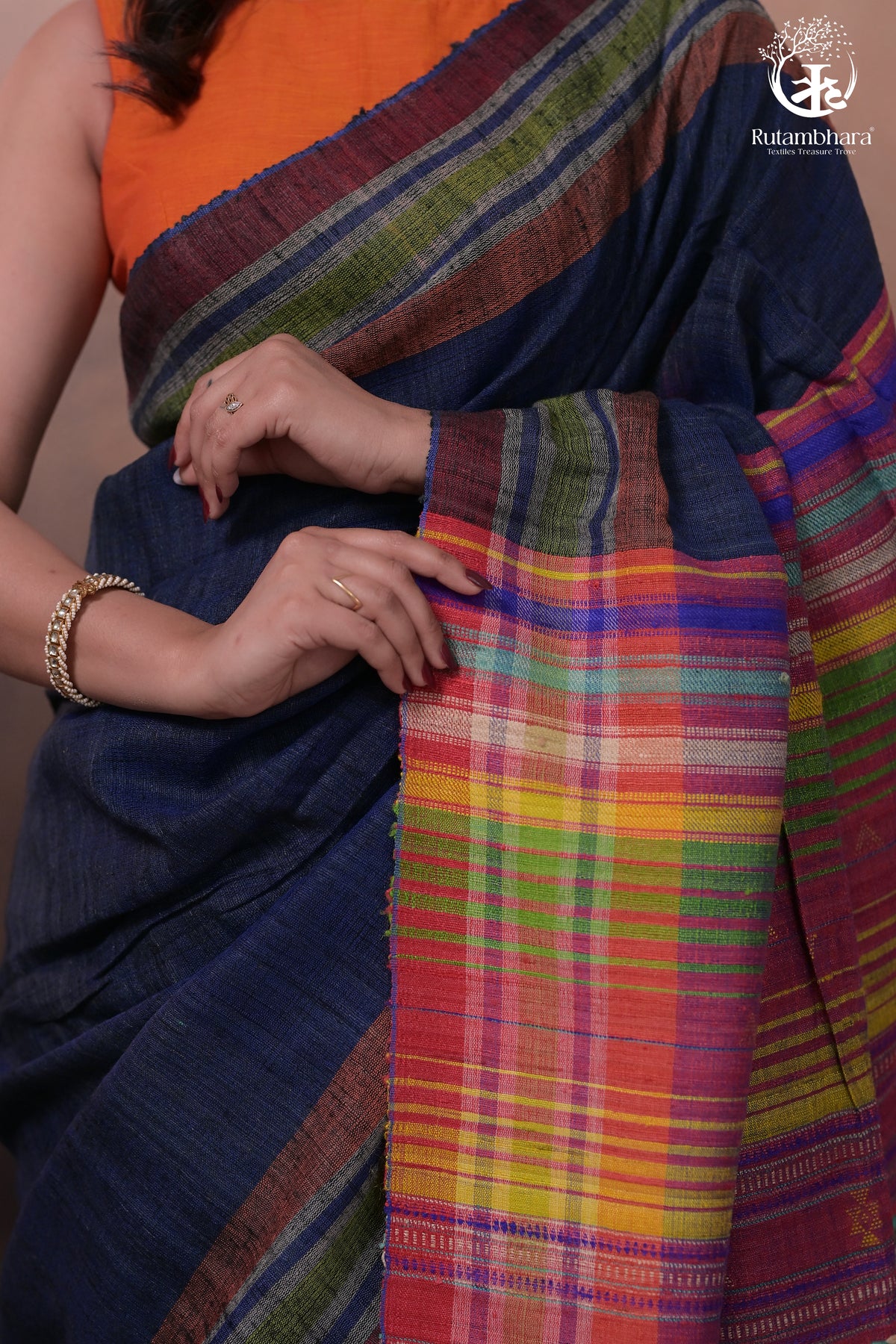 Dark Blue Kutchi Tussar Cotton Saree