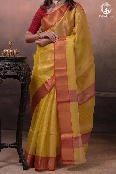 Swarvi - Elegant Lime Green Chanderi Jamawar Saree with Red Accents-RUTAMBHARA-RUTAMBHARA