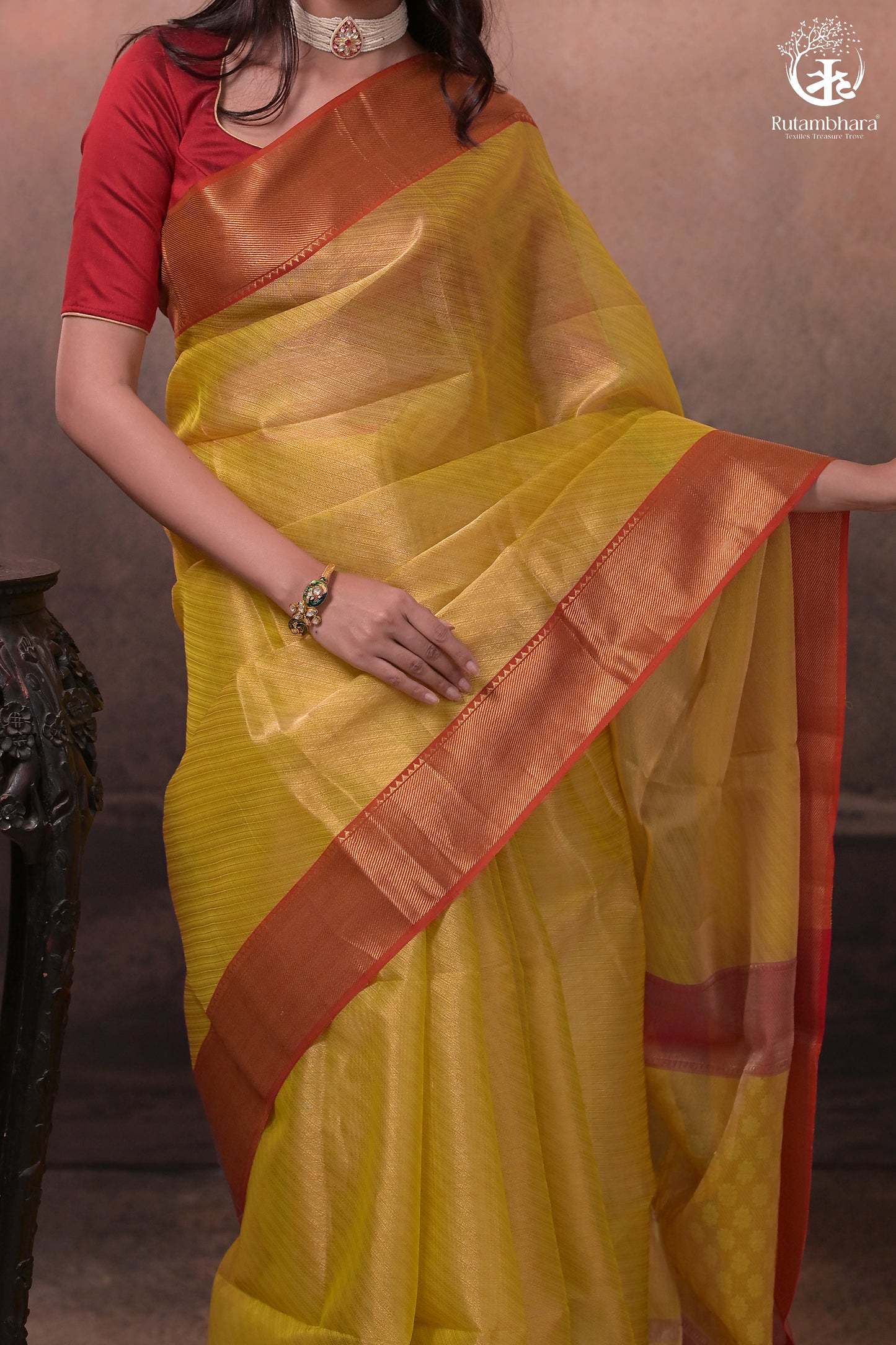 Swarvi - Elegant Lime Green Chanderi Jamawar Saree with Red Accents
