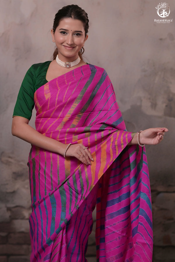 Dhanak - Fuschia Pink Leheriya Saree In Tussar Silk-Rutambhara-RUTAMBHARA