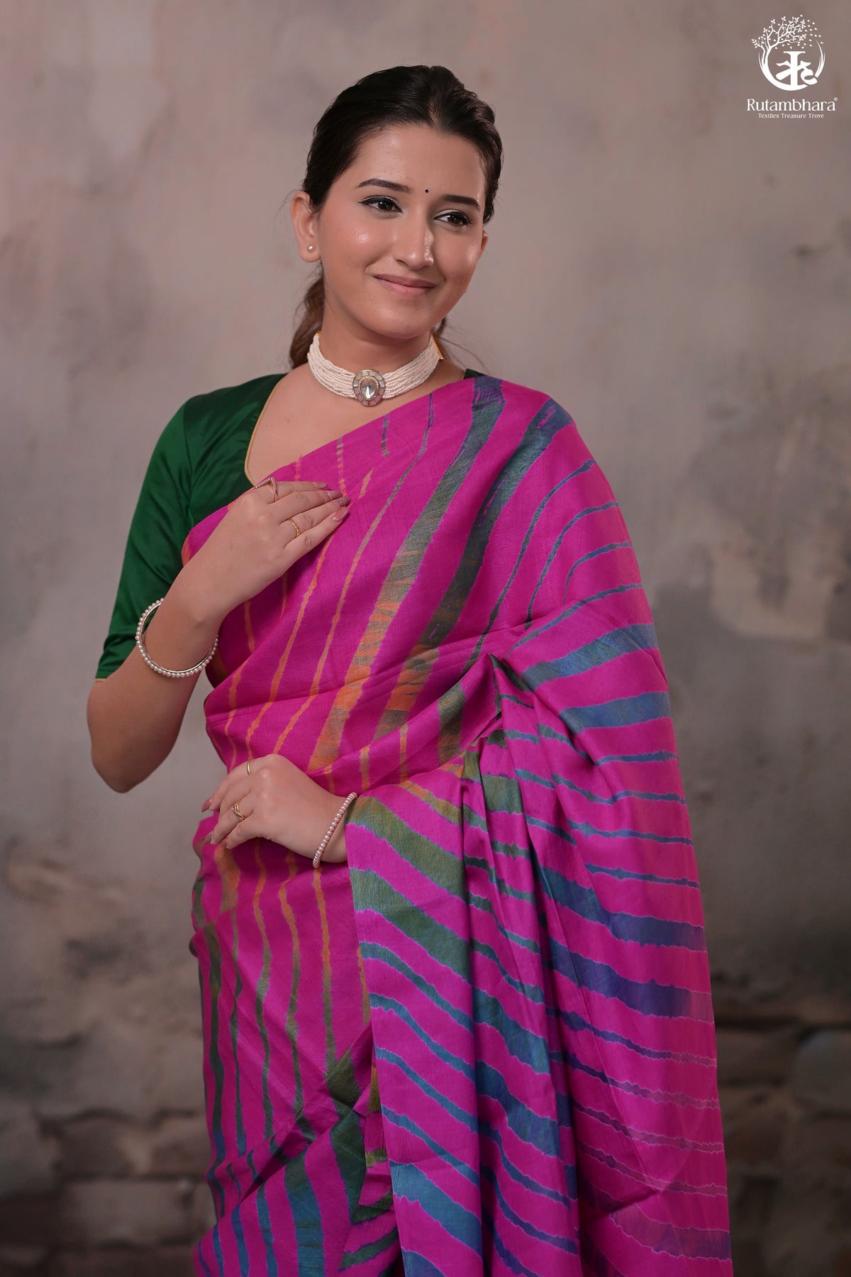 Dhanak - Fuschia Pink Leheriya Saree In Tussar Silk