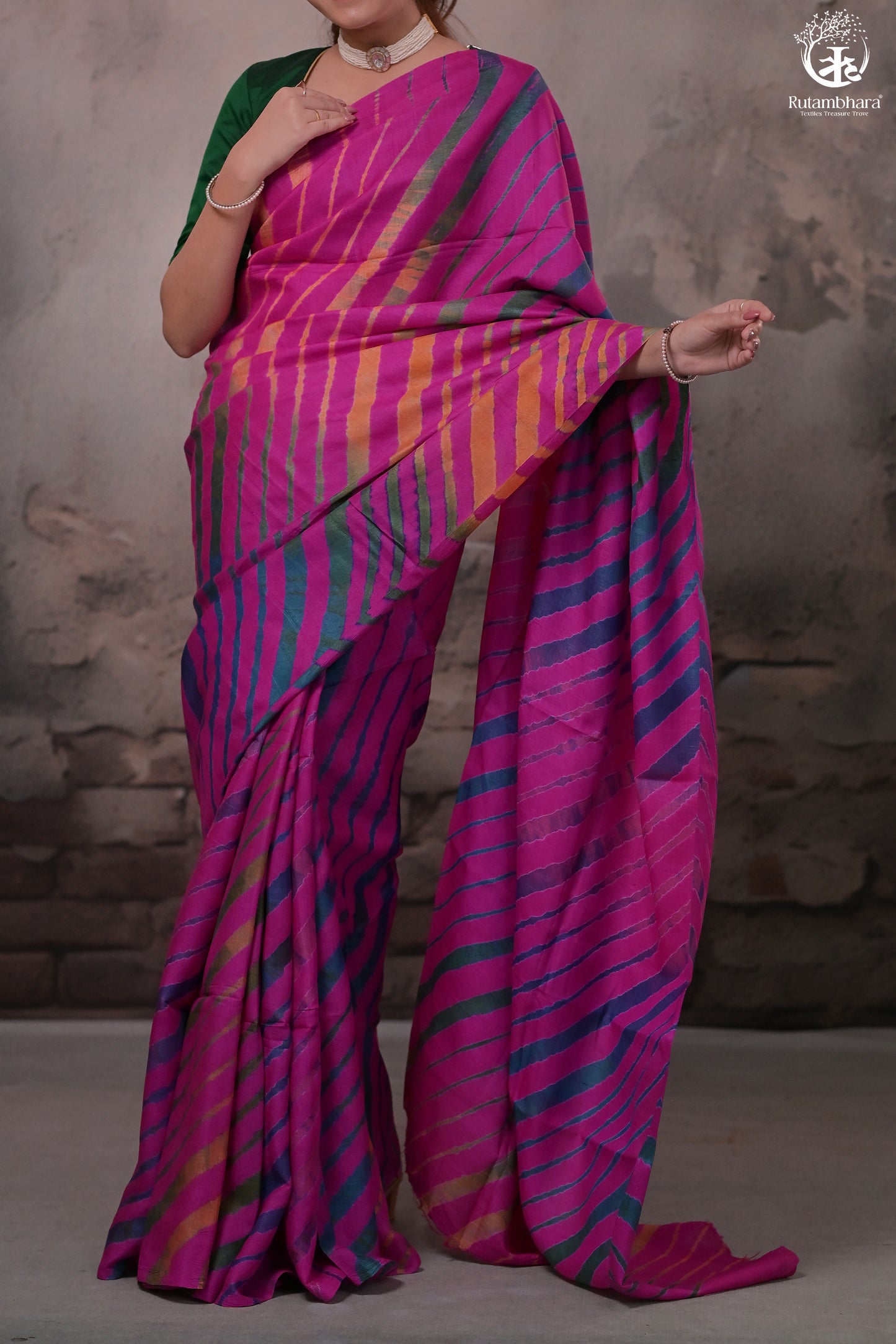 Dhanak - Fuschia Pink Leheriya Saree In Tussar Silk